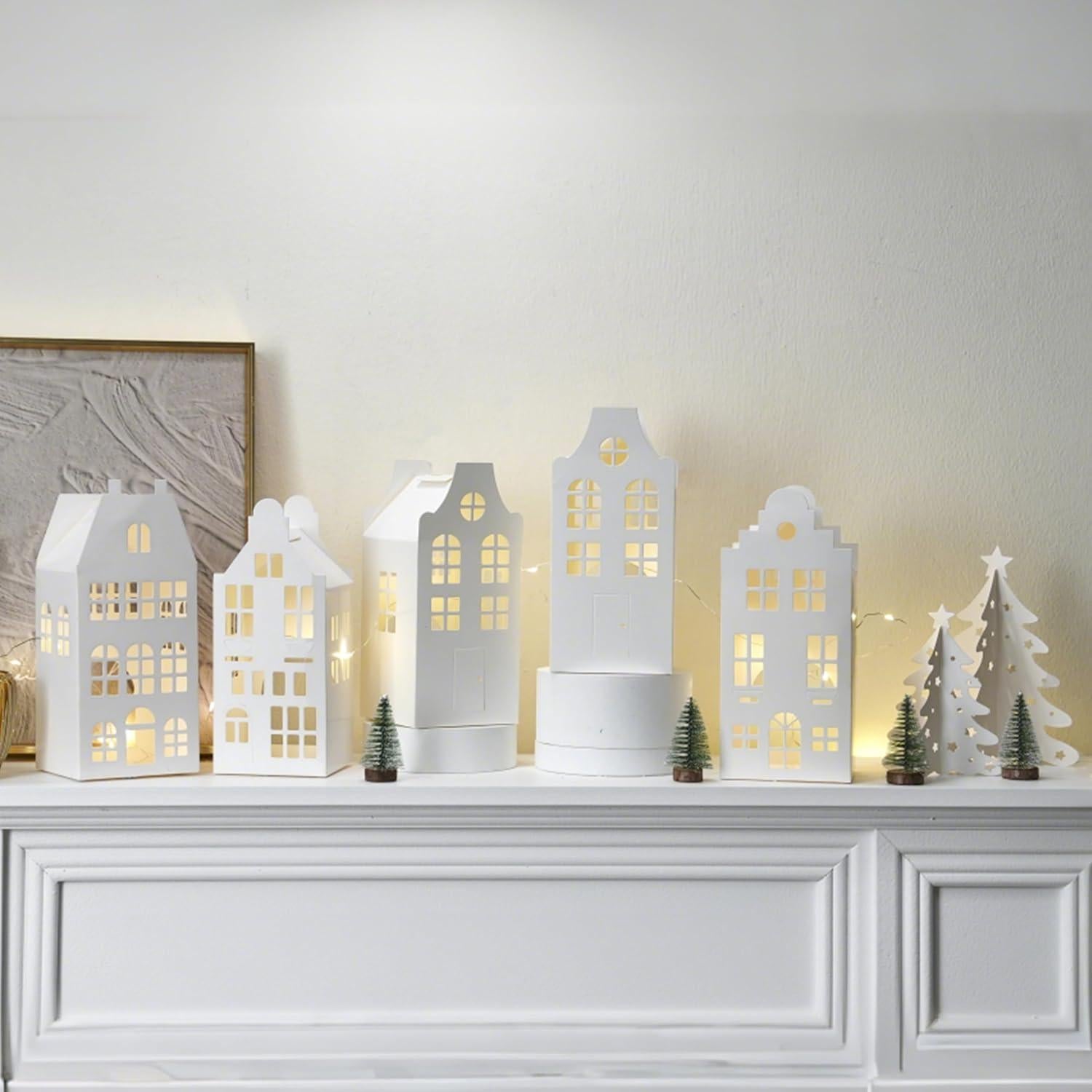 10Pcs Paper Christmas Village Set, Paper White Houses, Trees,with LED String Light, Small Foldable Light Up Xmas Village Houses for DIY, Winter Holiday Home Decor, Tabletop Centerpiece