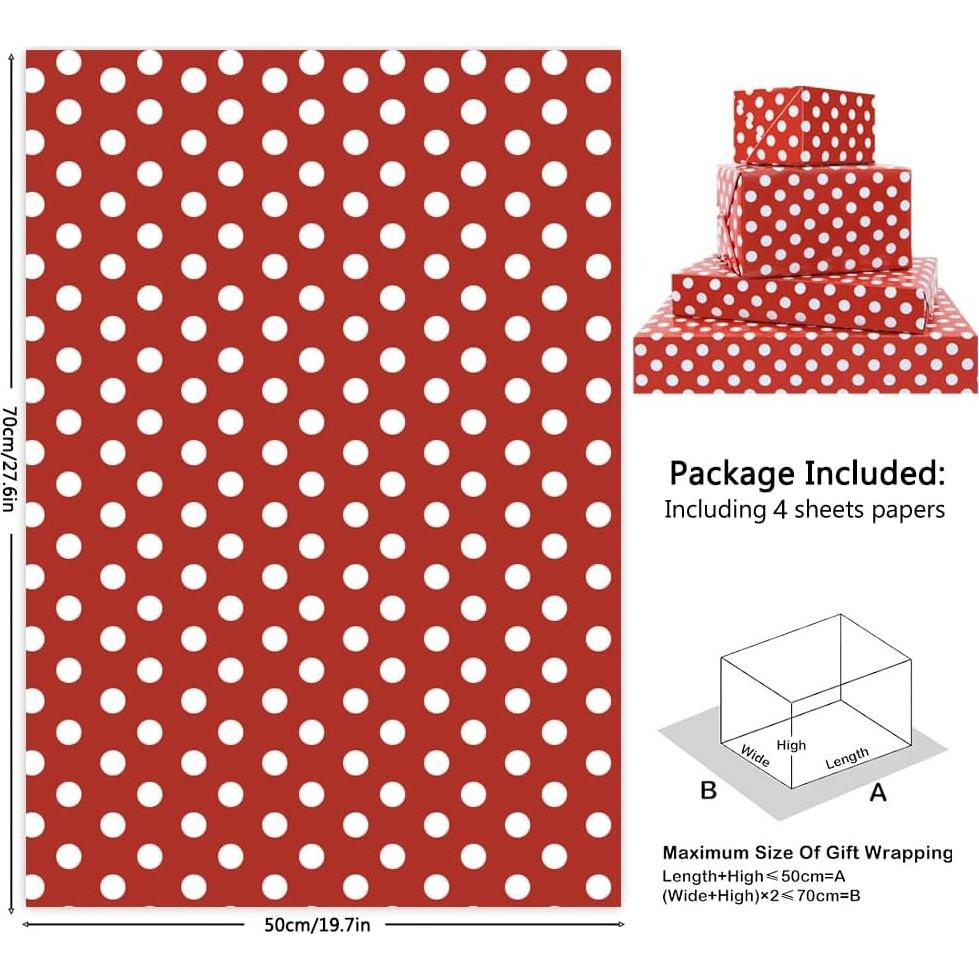 Papel de Regalo Lunares Rojos y Blancos 4 Piezas 49.8x69.8 cm