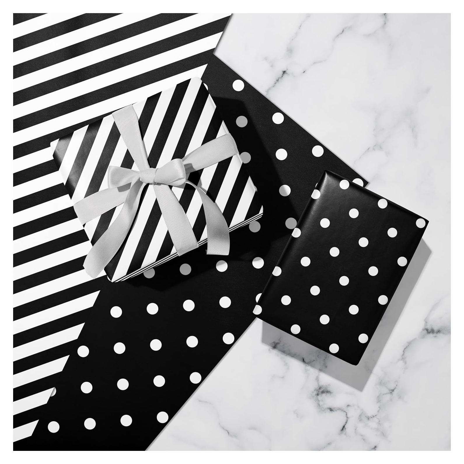 Papel de Regalo SaringSwoon Negro - Rayas y Lunares 6 Hojas 50.8x73.7 cm