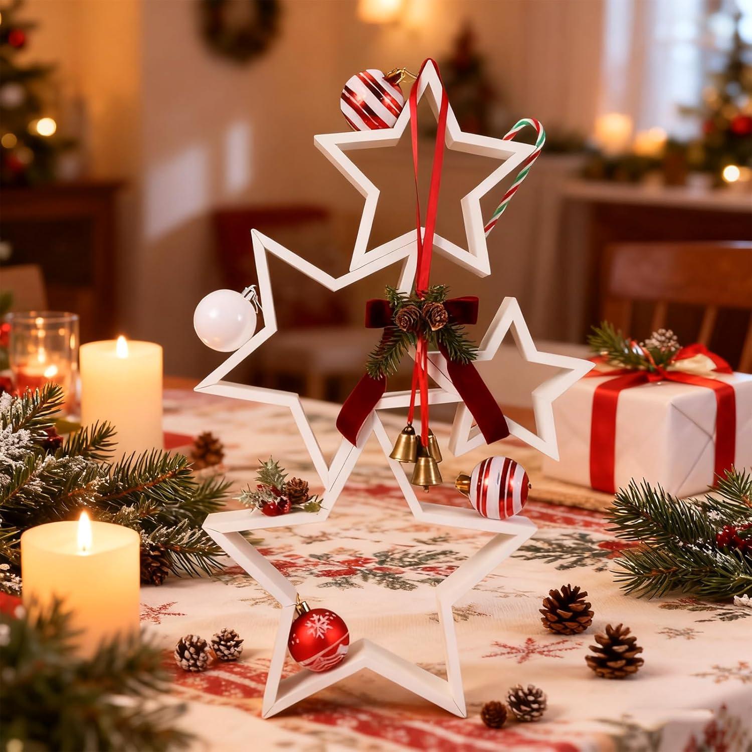 4 Piezas Decoración de Mesa Estrella de Madera Navidad