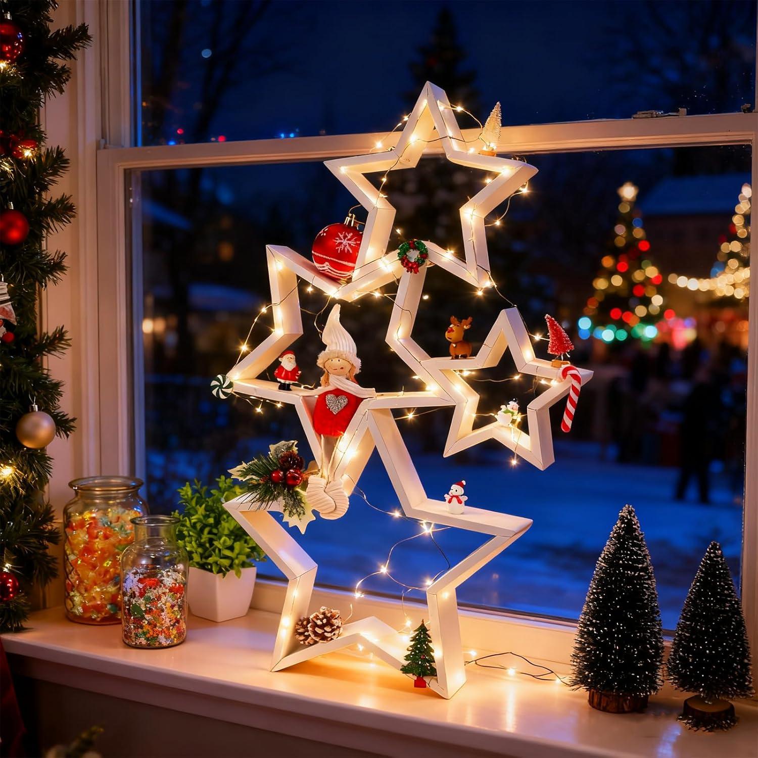 4 Piezas Decoración de Mesa Estrella de Madera Navidad