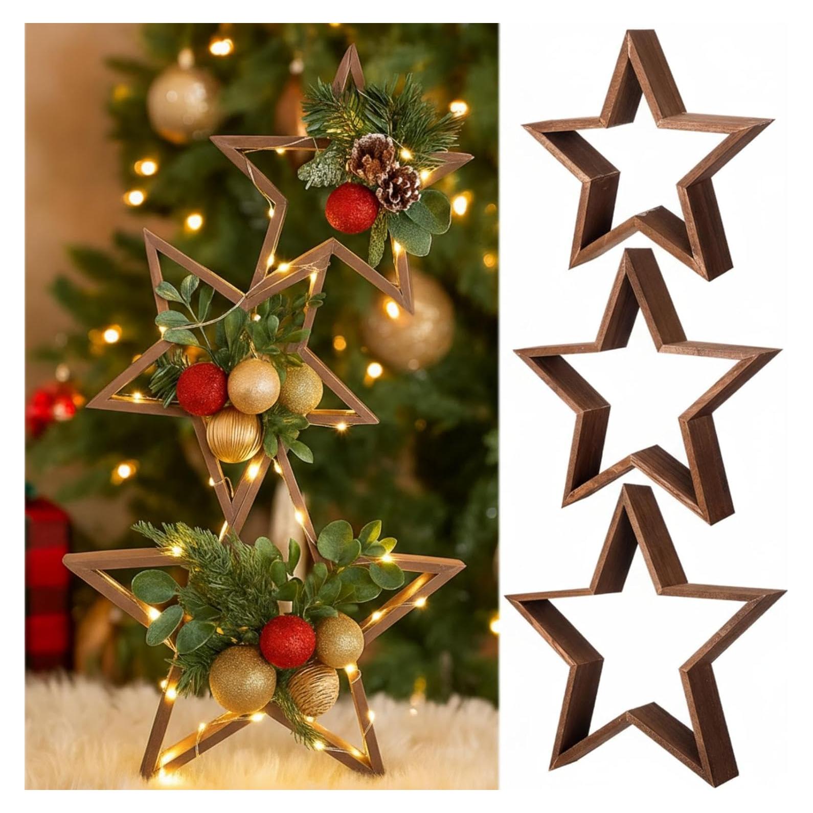 3 Piezas Centro de Mesa Estrella de Madera con LED 35 cm