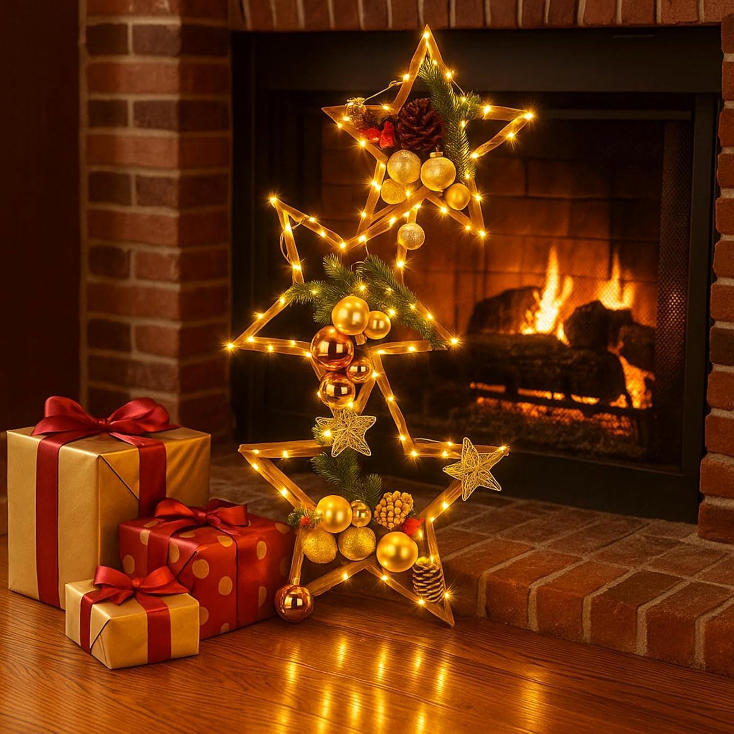 3 Piezas Centro de Mesa Estrella de Madera con LED 35 cm