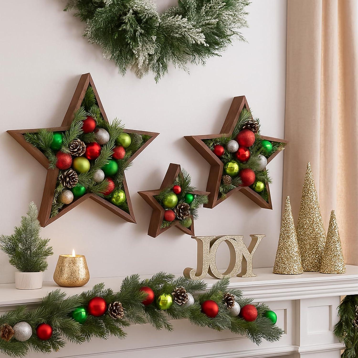 3 Piezas Centro de Mesa Estrella de Madera con LED 35 cm