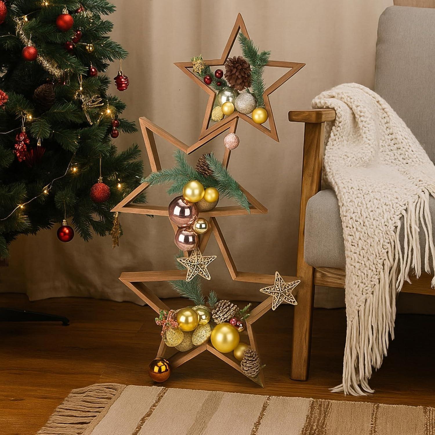 3 Piezas Centro de Mesa Estrella de Madera con LED 35 cm