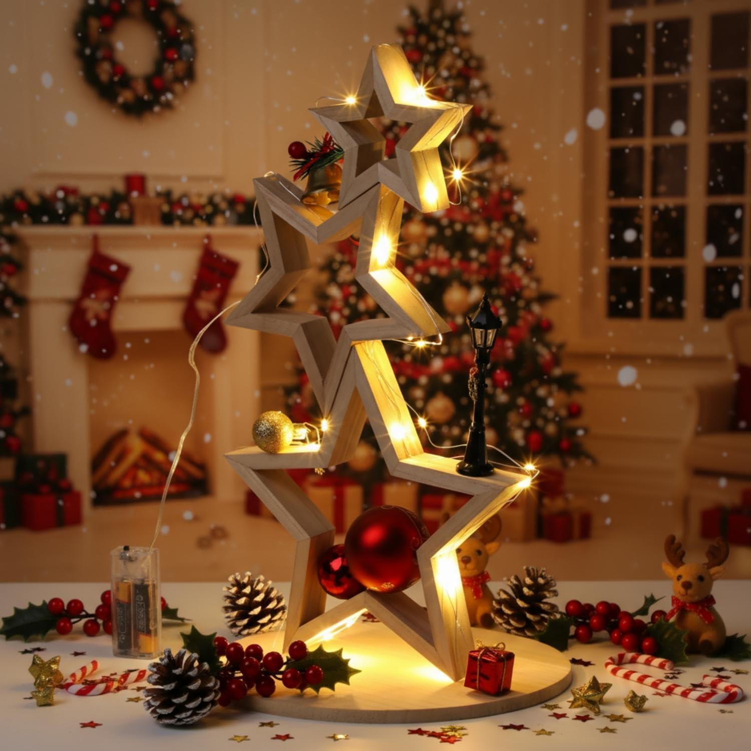 Juego de 3 Estrellas de Madera Navideñas con Luces AceOrbit