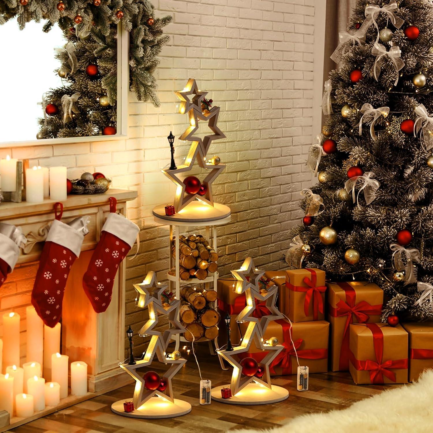 Juego de 3 Estrellas de Madera Navideñas con Luces AceOrbit