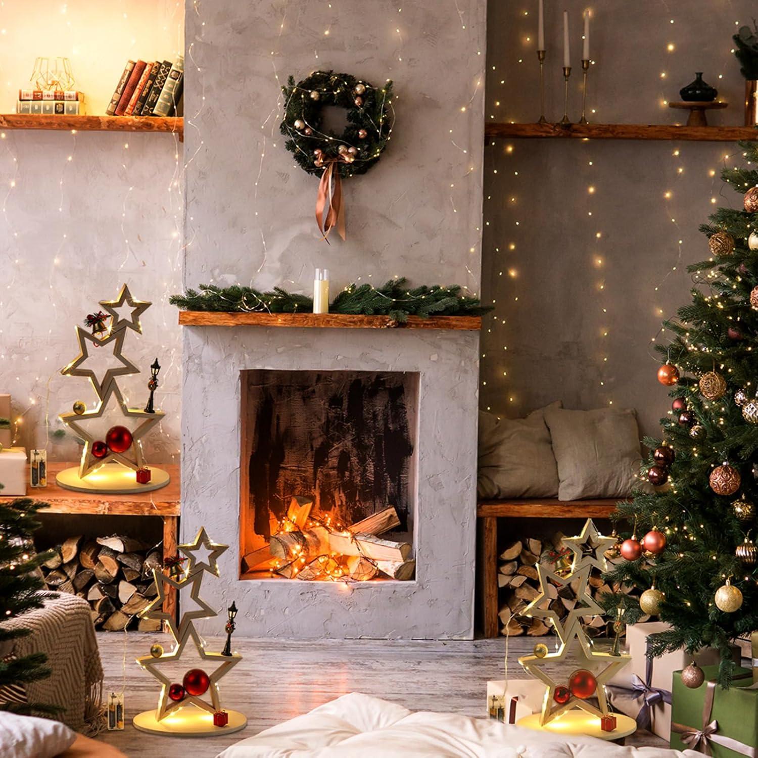 Juego de 3 Estrellas de Madera Navideñas con Luces AceOrbit