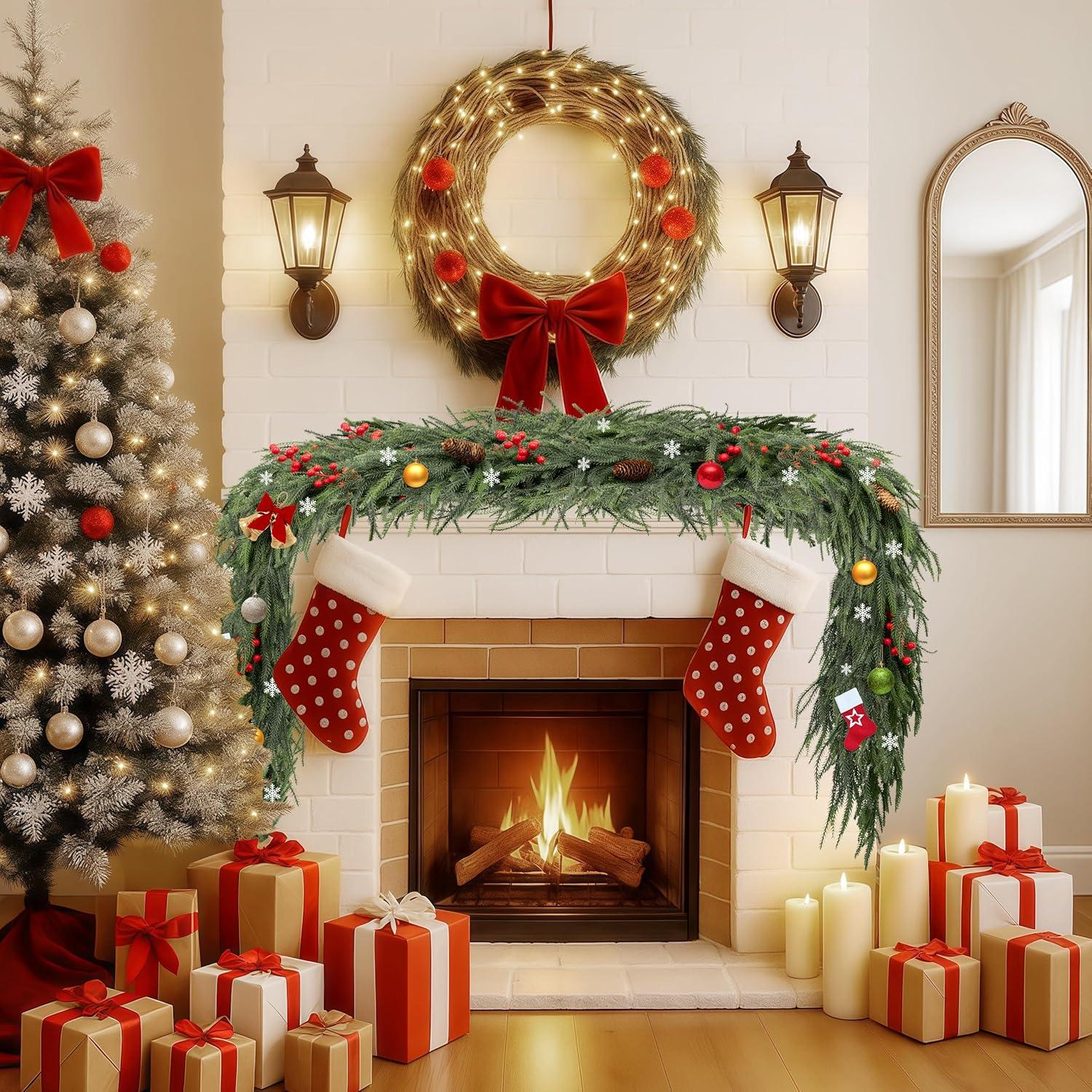 Guirnalda de Pino Norfolk 274 cm con Berries Rojas y Conos