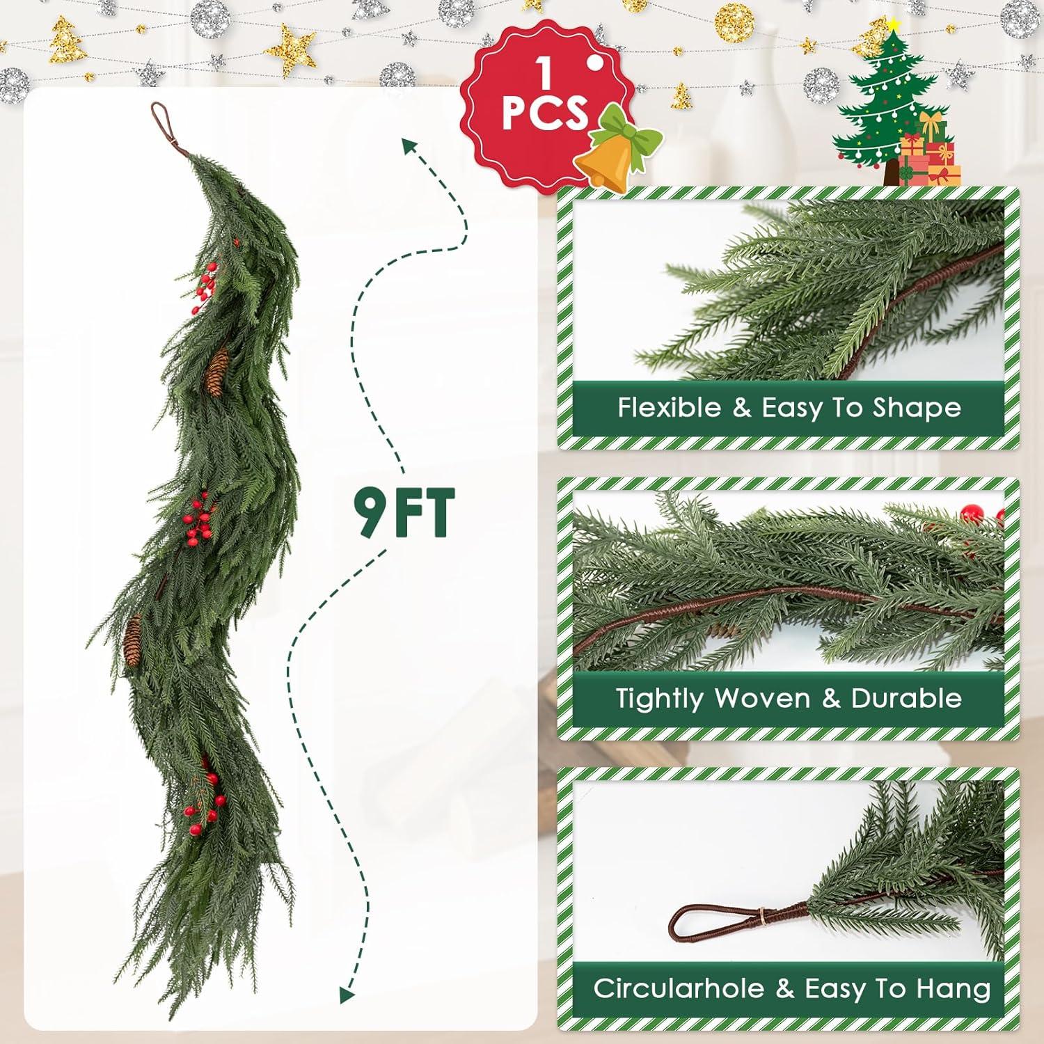 Guirnalda de Pino Norfolk 274 cm con Berries Rojas y Conos