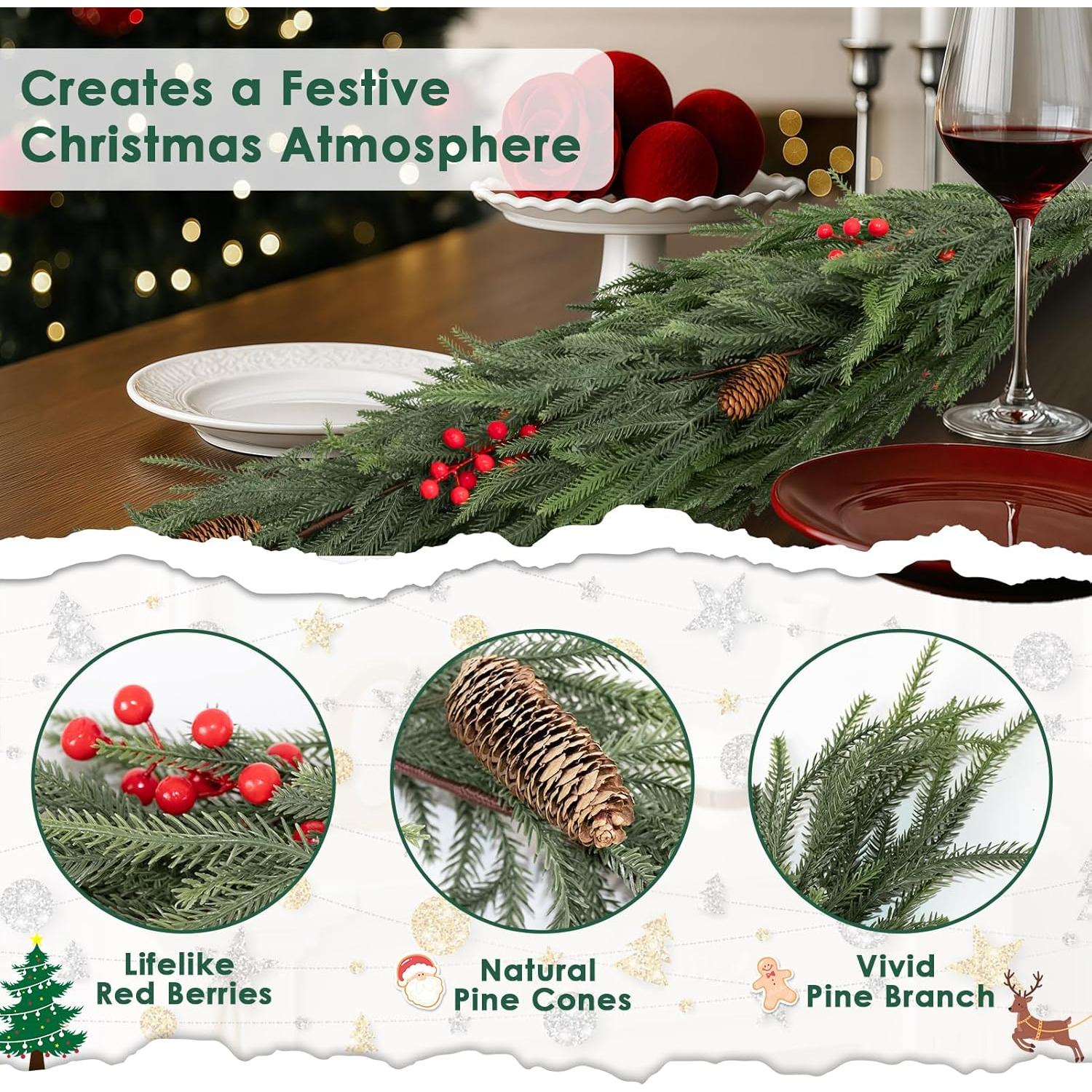 Guirnalda de Pino Norfolk 274 cm con Berries Rojas y Conos