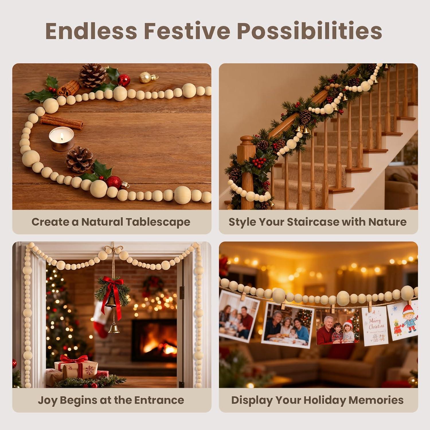 Guirnalda de Perlas de Madera 2 Piezas 3.66m Decoración Navidad