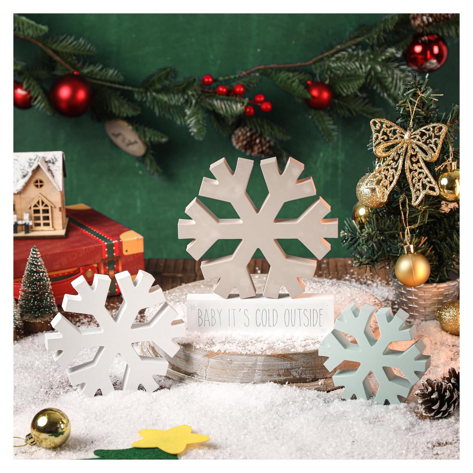 KORMMCO Decoración Navideña Copos de Nieve 4 Piezas Madera