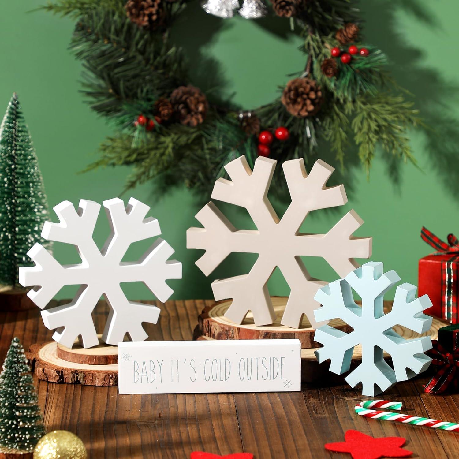 KORMMCO Decoración Navideña Copos de Nieve 4 Piezas Madera