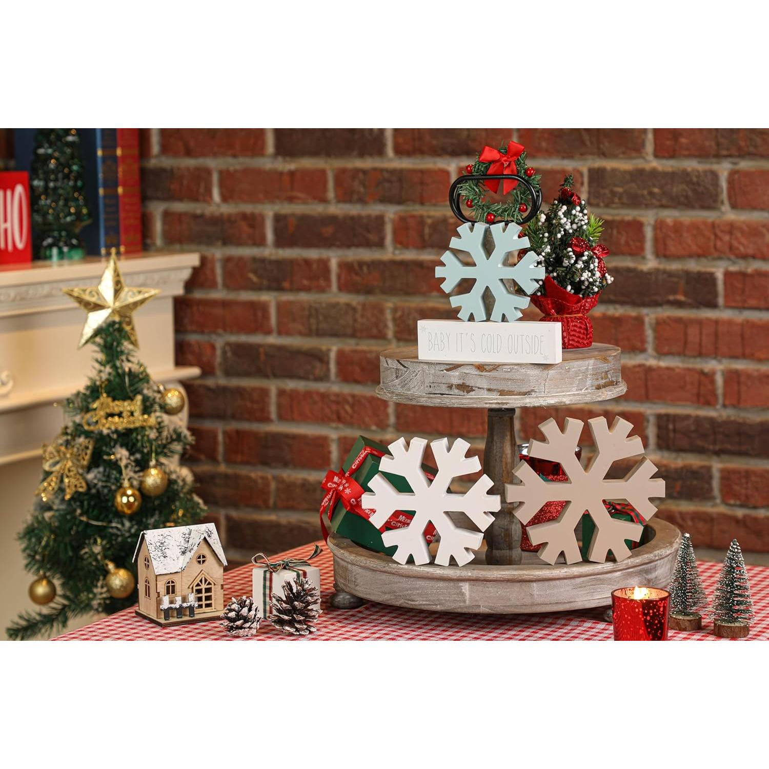 KORMMCO Decoración Navideña Copos de Nieve 4 Piezas Madera