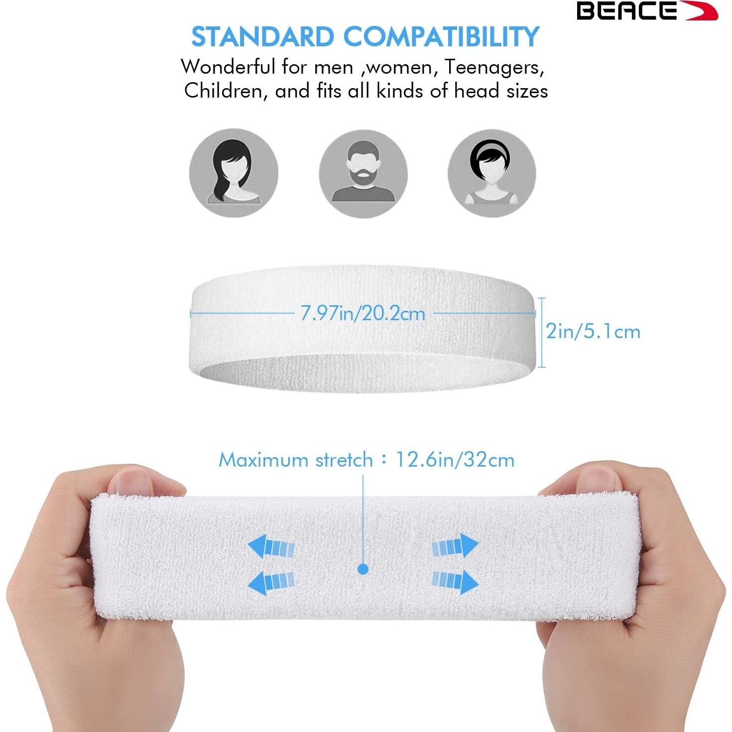 BEACE Bandas de Sudor 6PCS Algodón para Deportes - Blanco