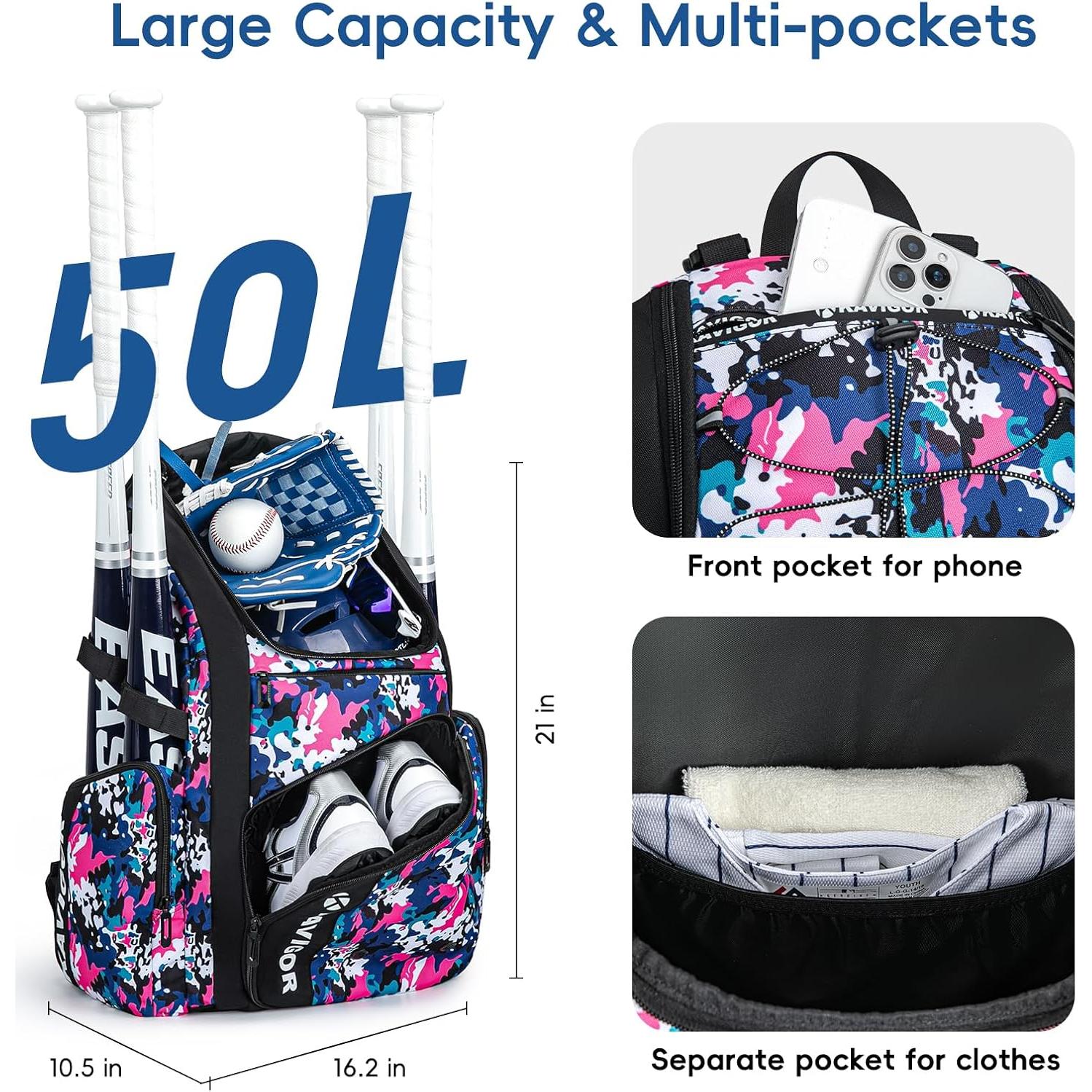 Bolsa de Béisbol KAVIGOR 50L para Jóvenes y Adultos Camo Rosa