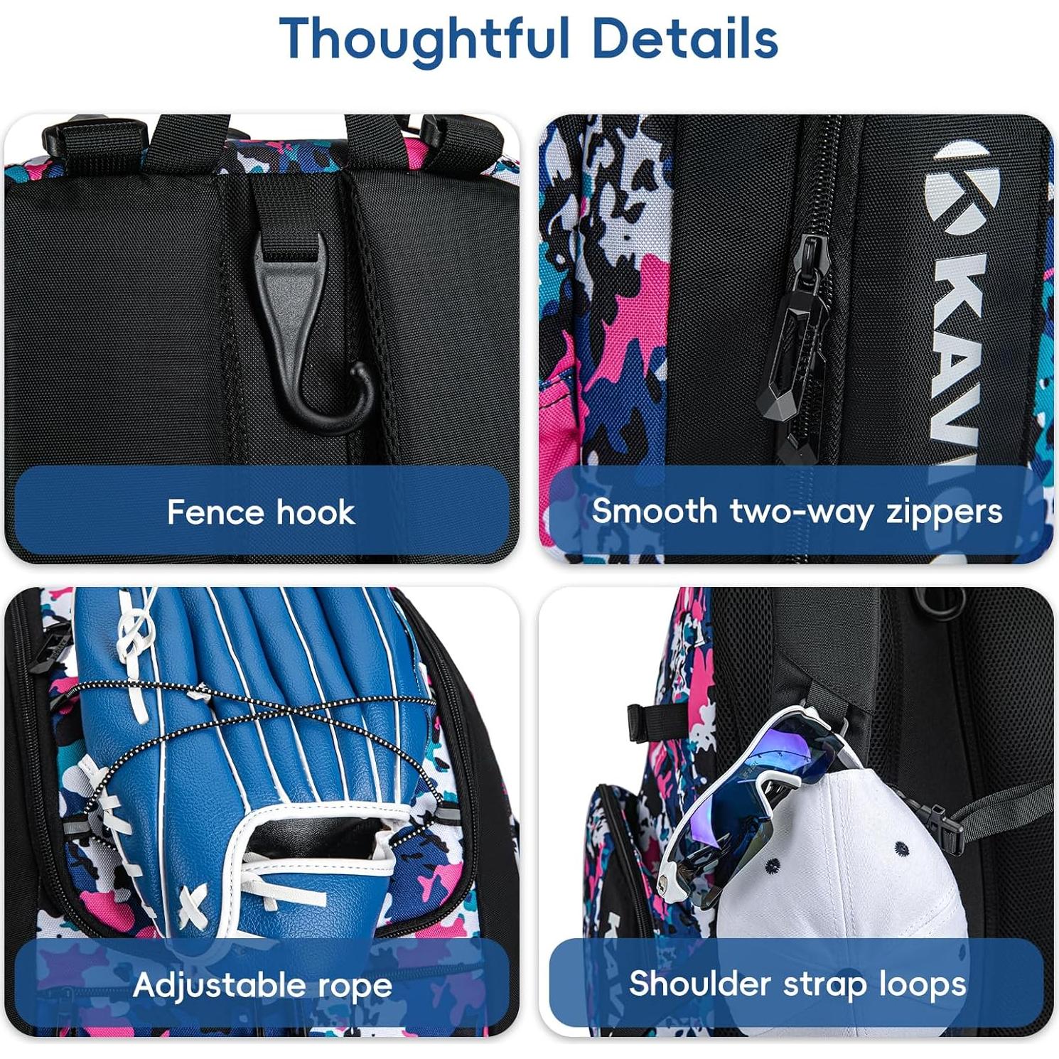 Bolsa de Béisbol KAVIGOR 50L para Jóvenes y Adultos Camo Rosa