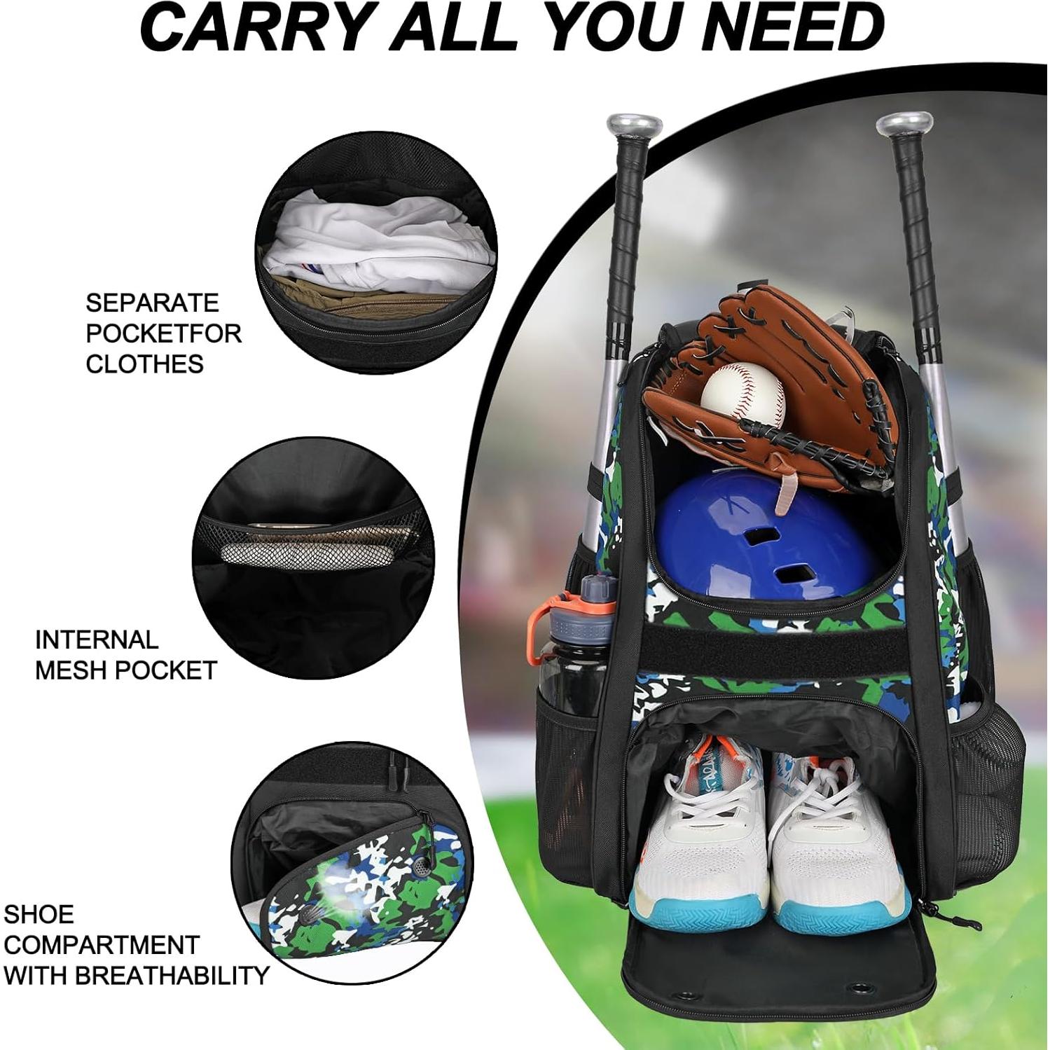 Bolsa de béisbol juvenil Goloni, mochila 30L verde camuflaje