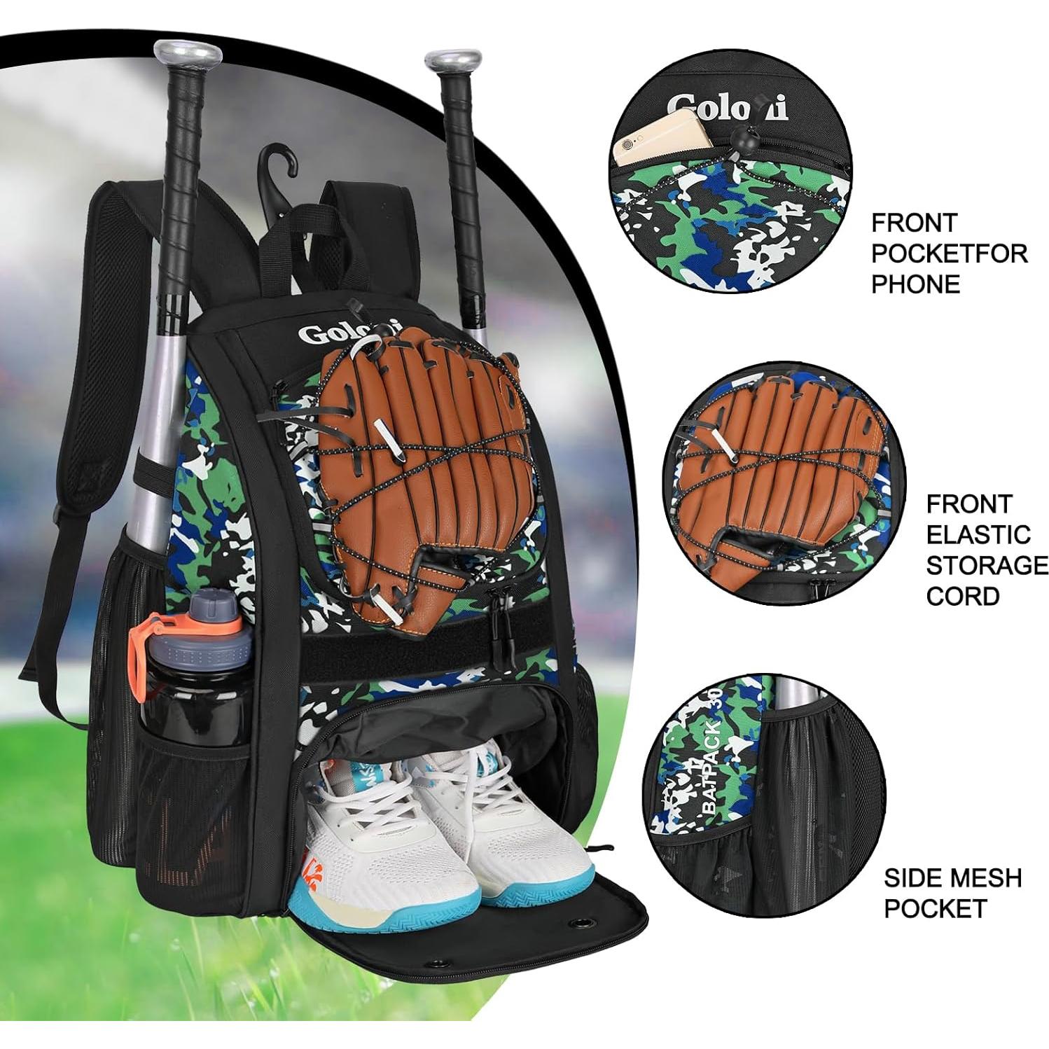 Bolsa de béisbol juvenil Goloni, mochila 30L verde camuflaje