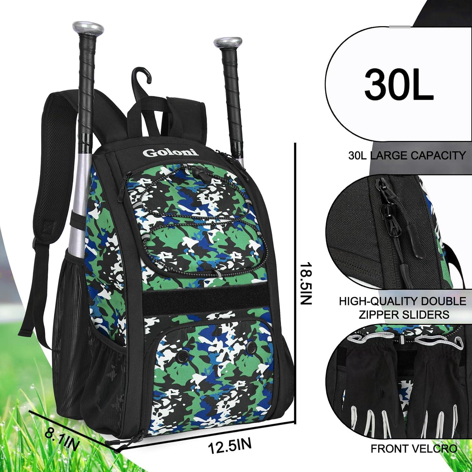 Bolsa de béisbol juvenil Goloni, mochila 30L verde camuflaje