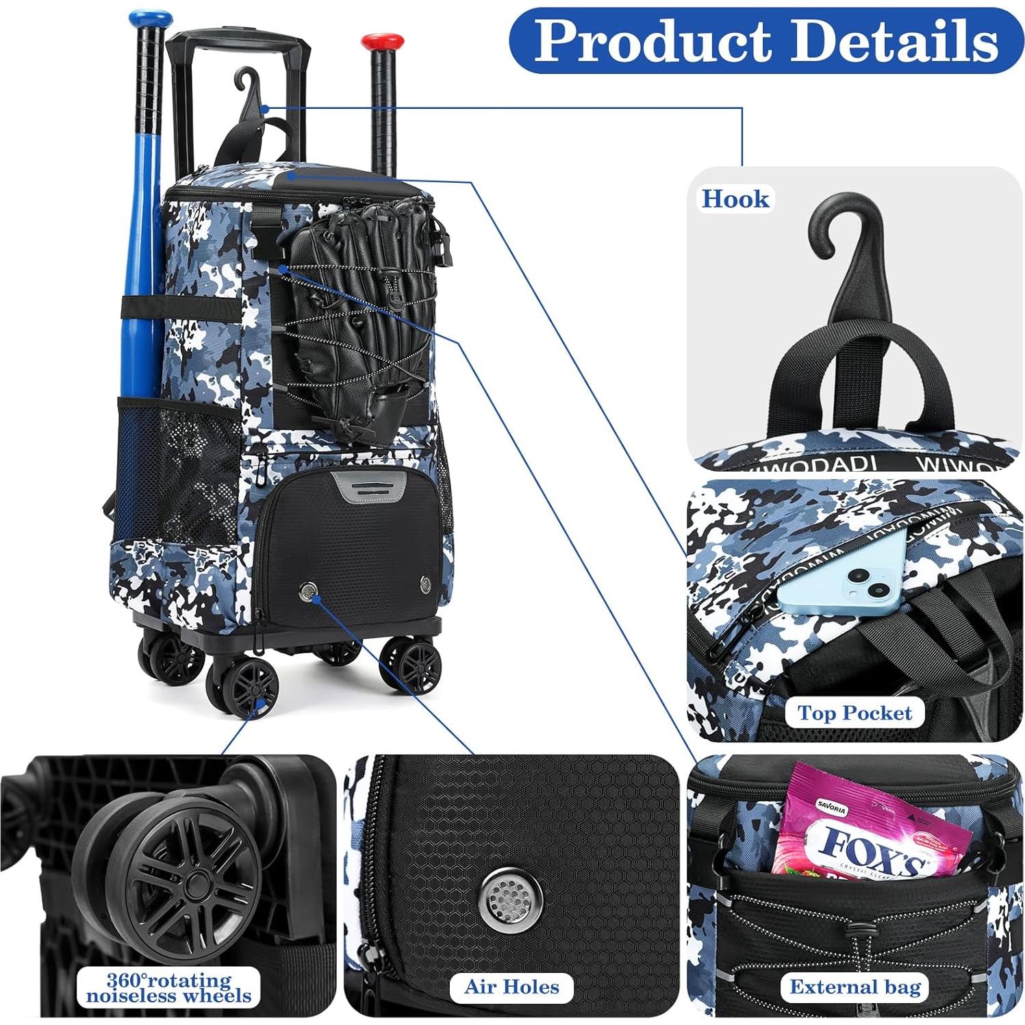 Bolsa de béisbol con ruedas JDITVYHANO - Camuflaje 5 compartimentos