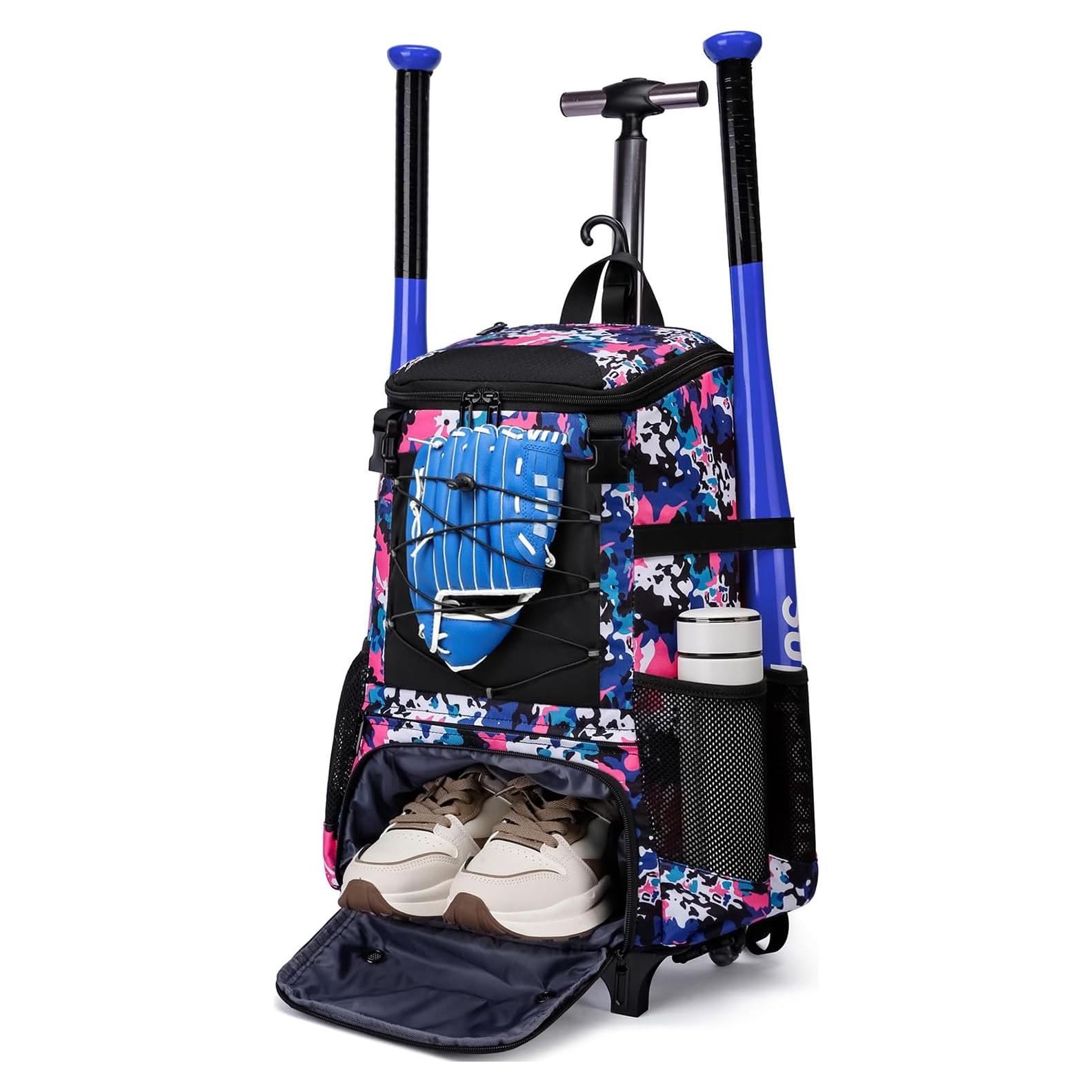 Bolsa de béisbol rodante JDITVYHANO rosa con compartimento para zapatos