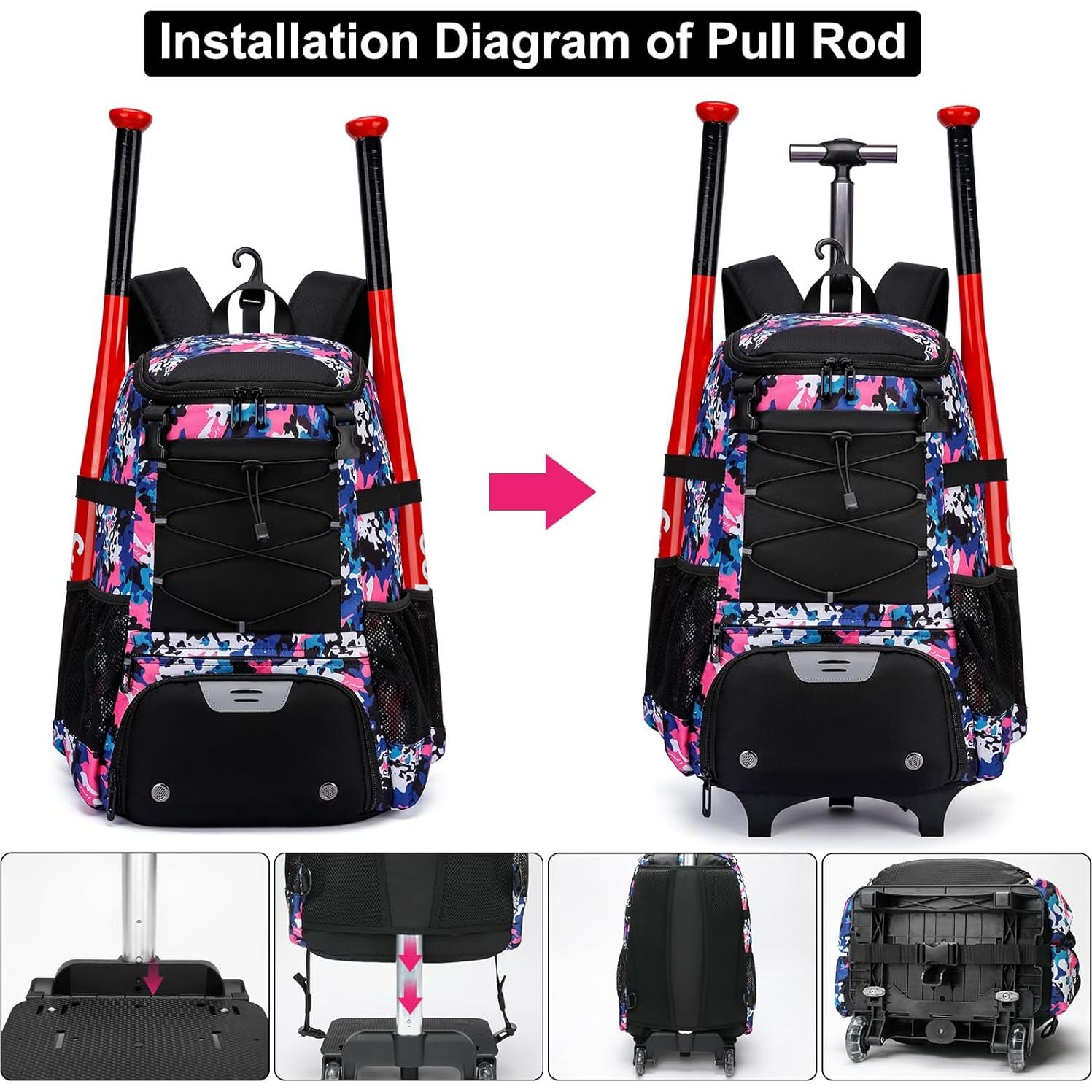 Bolsa de béisbol rodante JDITVYHANO rosa con compartimento para zapatos