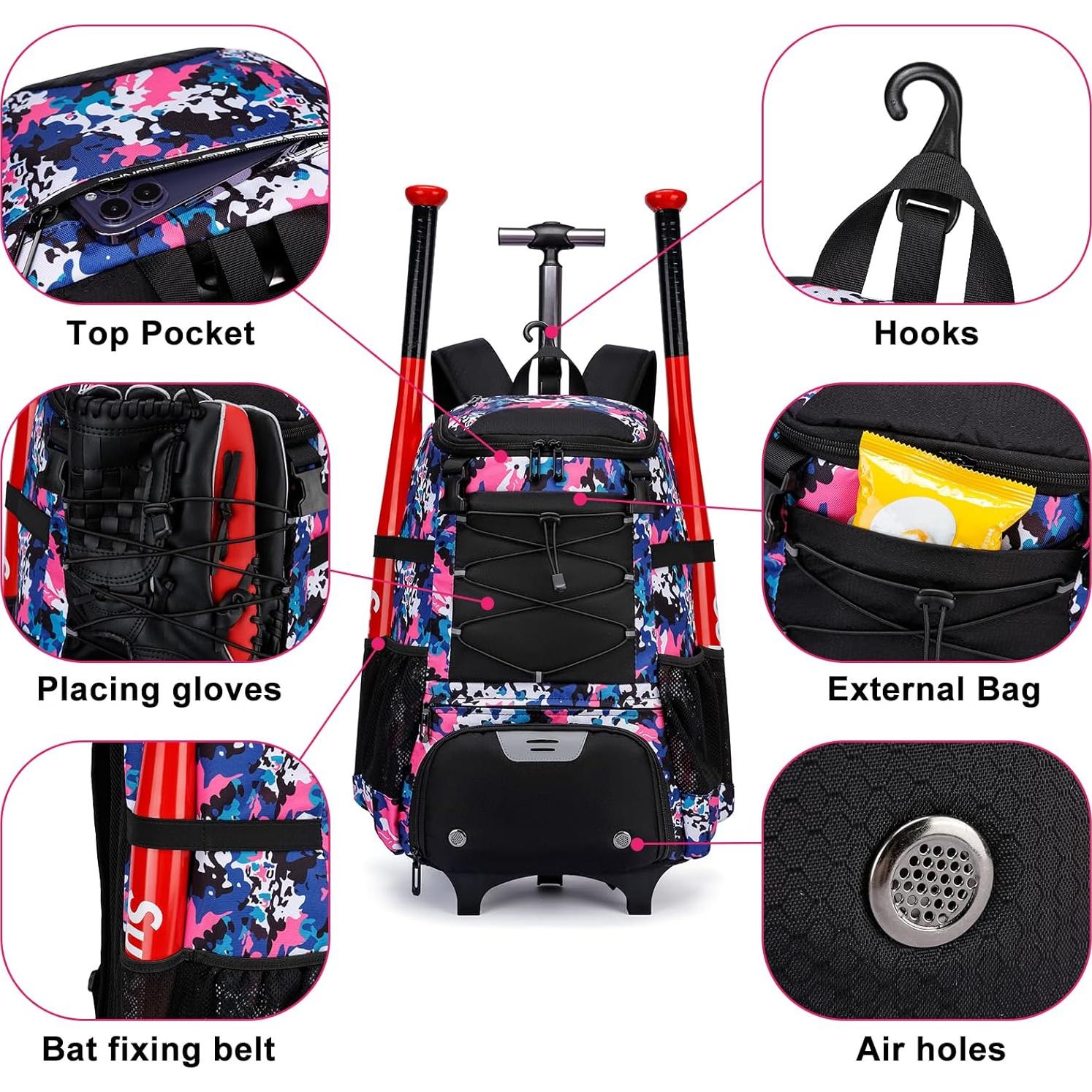 Bolsa de béisbol rodante JDITVYHANO rosa con compartimento para zapatos