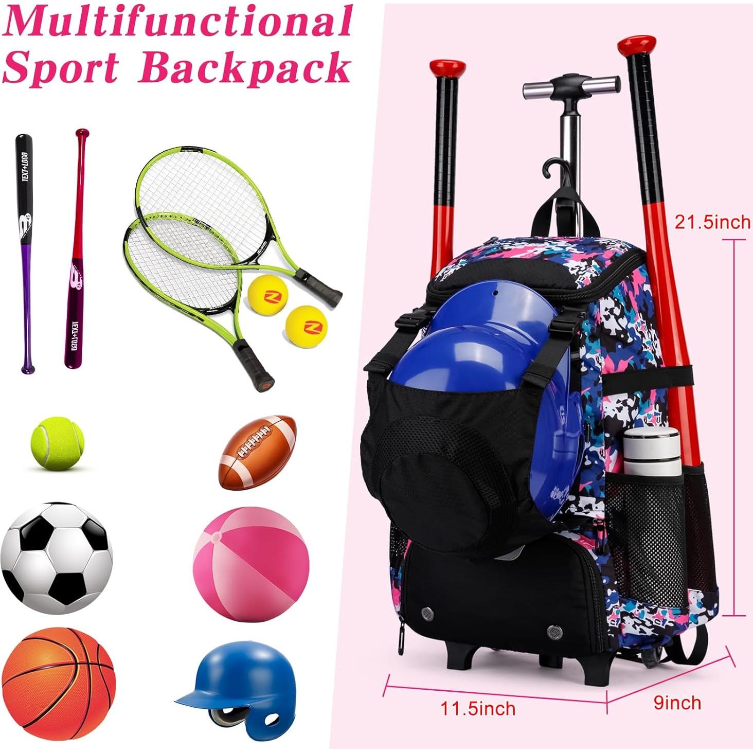 Bolsa de béisbol rodante JDITVYHANO rosa con compartimento para zapatos