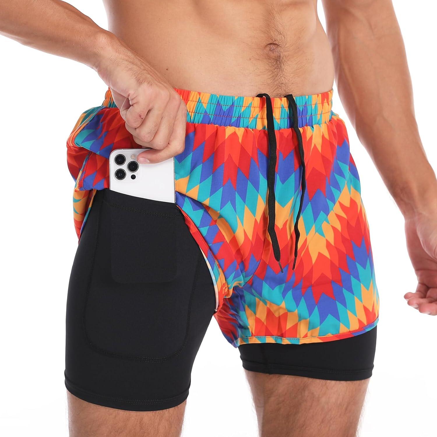 Pantalones Cortos de Correr 2 en 1 Hombre Rojo Naranja Amarillo