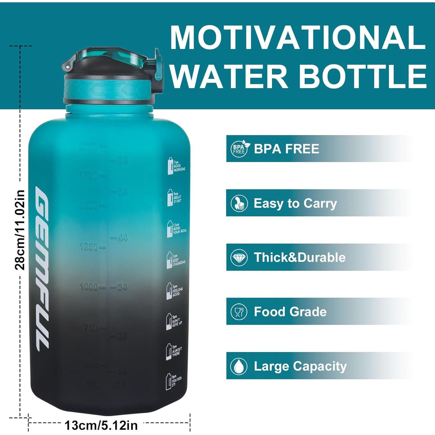 Botella de Agua GEMFUL 2.2L con Pajilla y Marcador de Tiempo