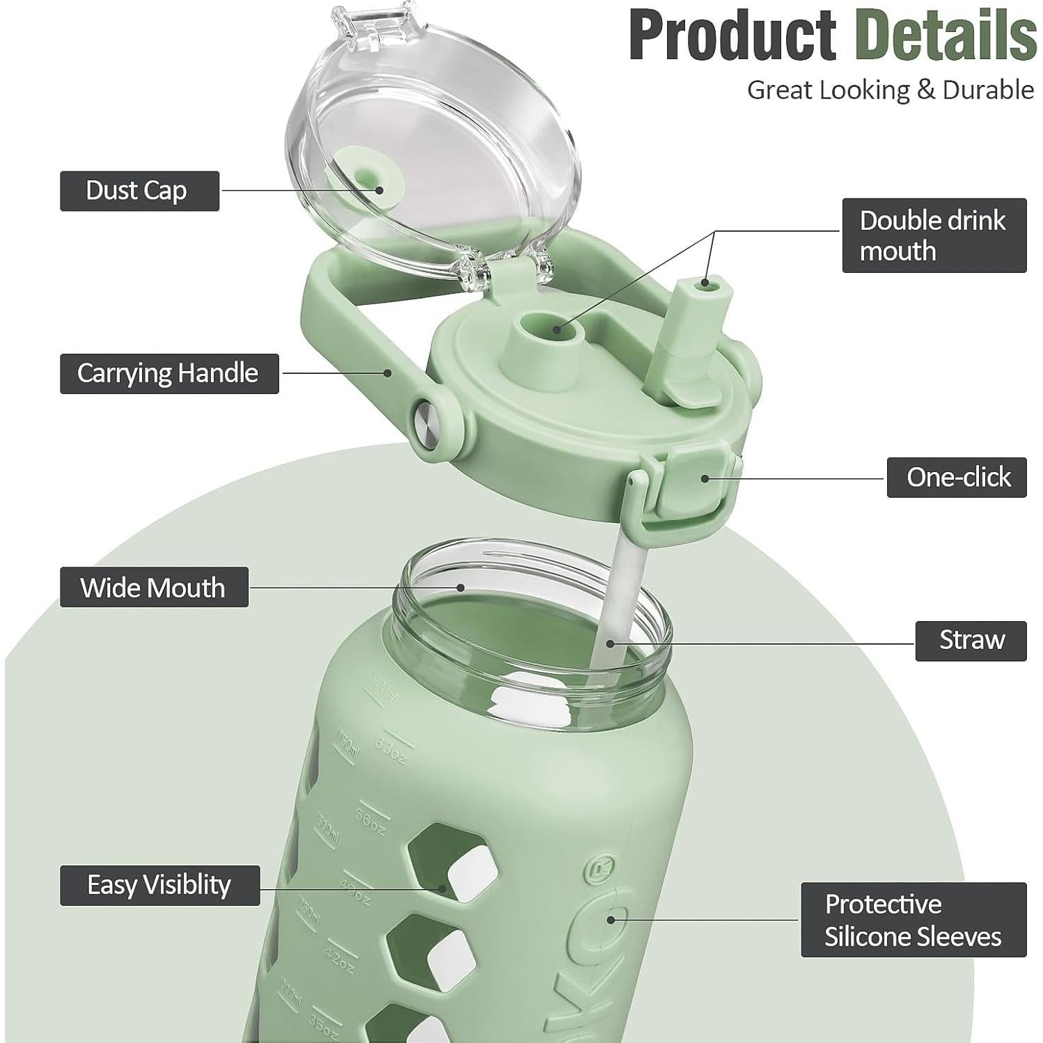 Botella de Agua de Vidrio MUKOKO 1.81L Verde a Prueba de Fugas