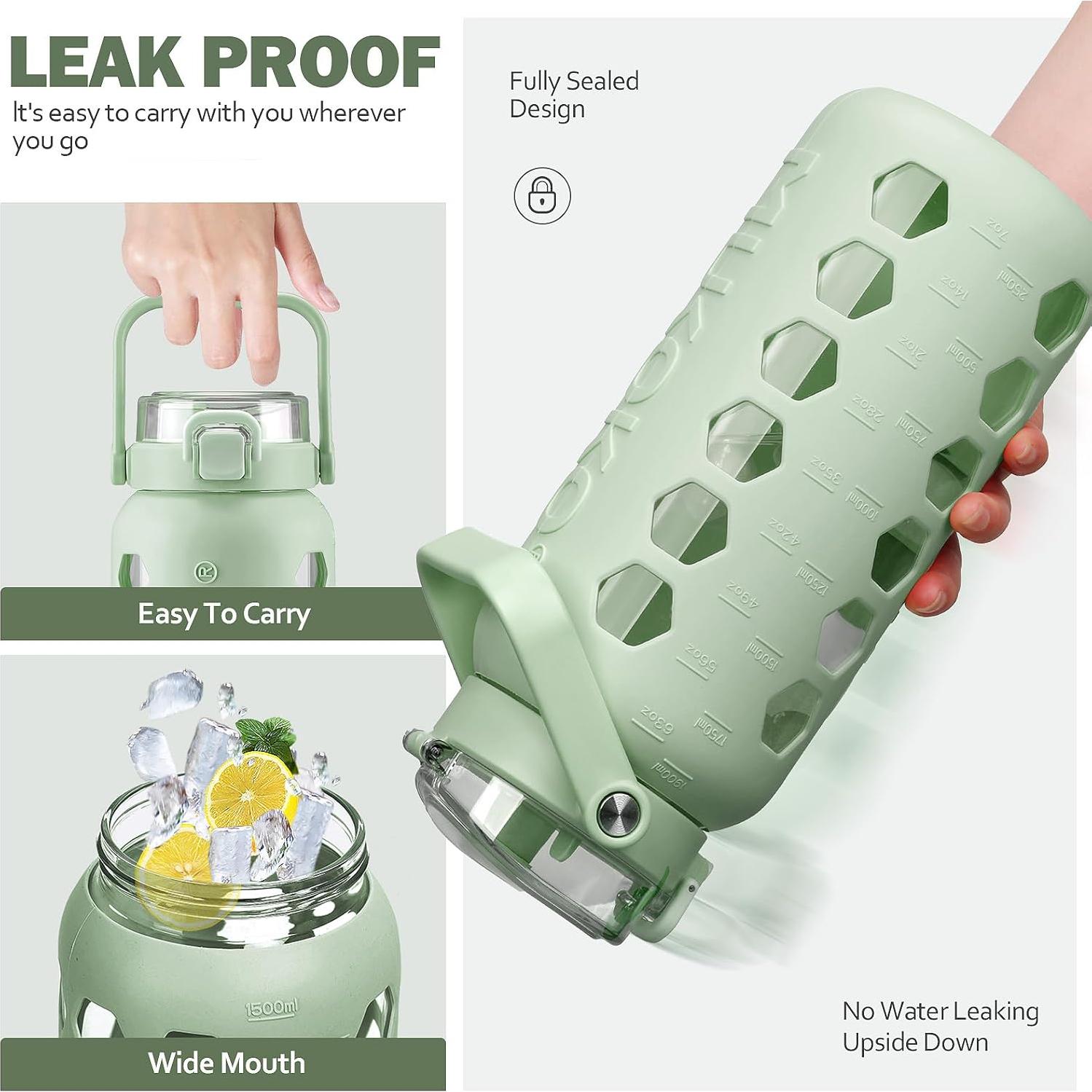 Botella de Agua de Vidrio MUKOKO 1.81L Verde a Prueba de Fugas