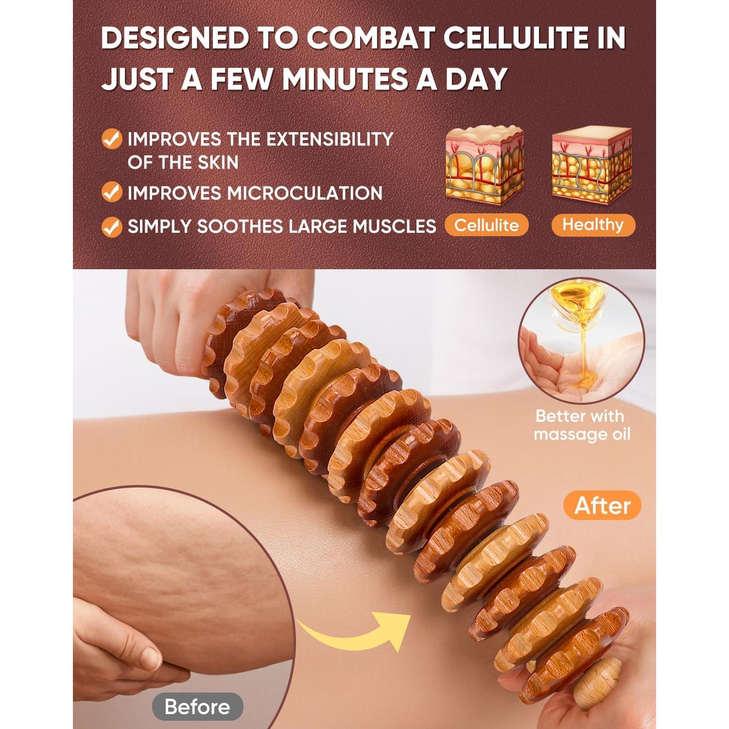 Rodillo de Masaje de Madera ONUEMP para Alivio Muscular y Celulitis