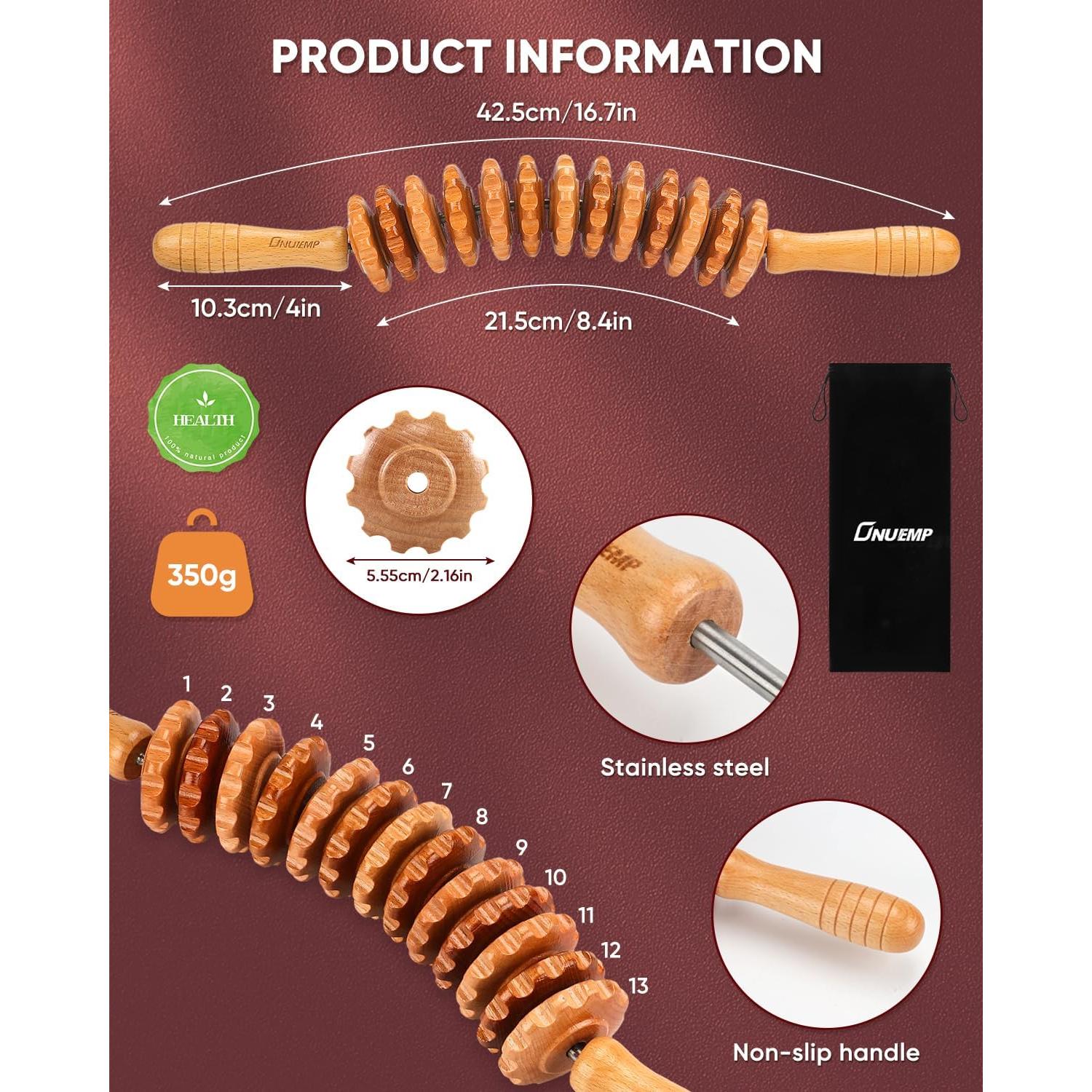 Rodillo de Masaje de Madera ONUEMP para Alivio Muscular y Celulitis