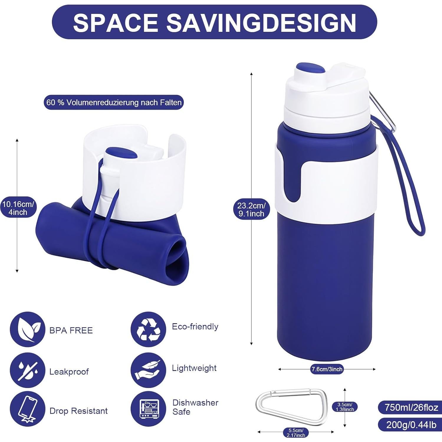 Botella de Agua Plegable Huoflame 770ml Silicona Azul