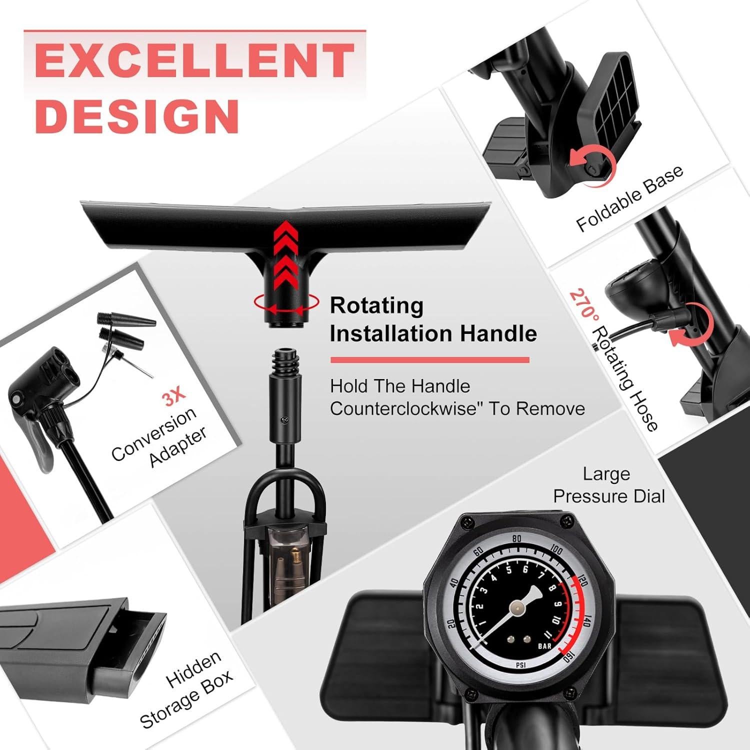 Bomba de Piso Hycline para Bicicleta 160 PSI con Manómetro