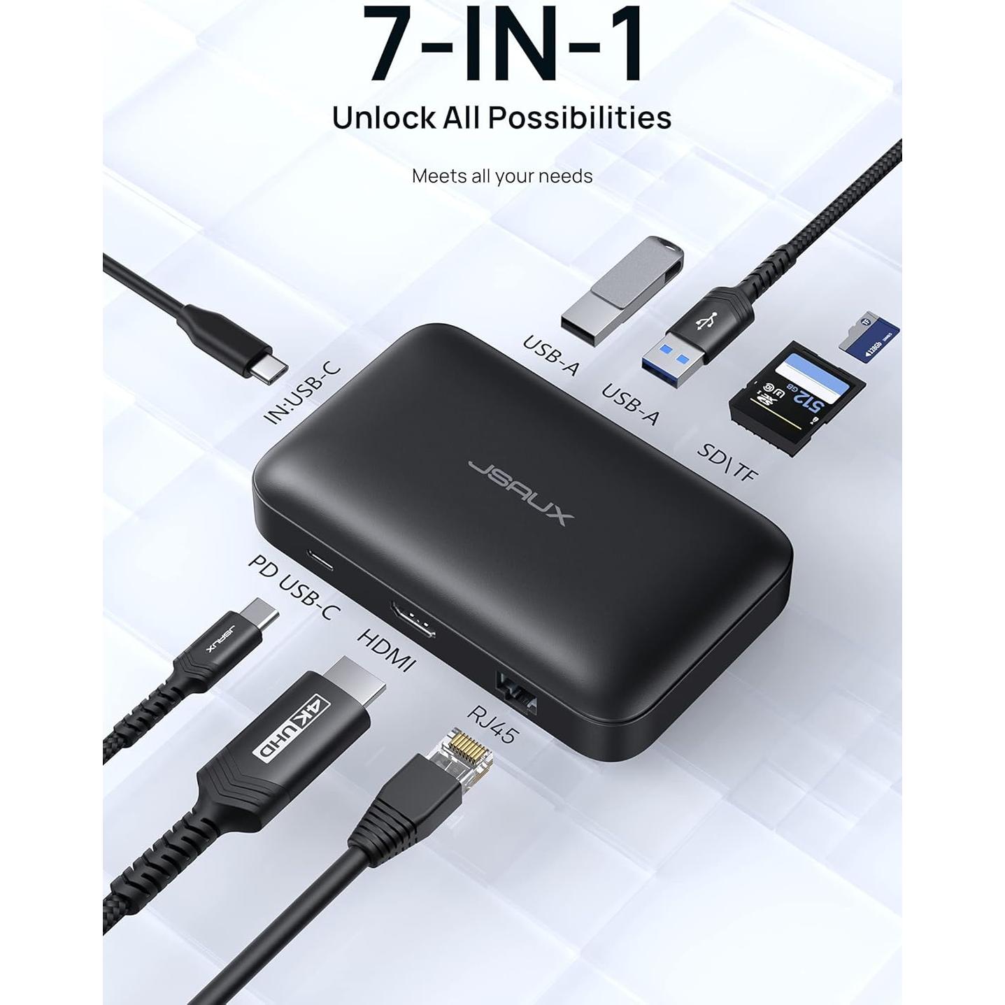 Hub USB C 7-en-1 JSAUX con HDMI 4K y 100W de carga