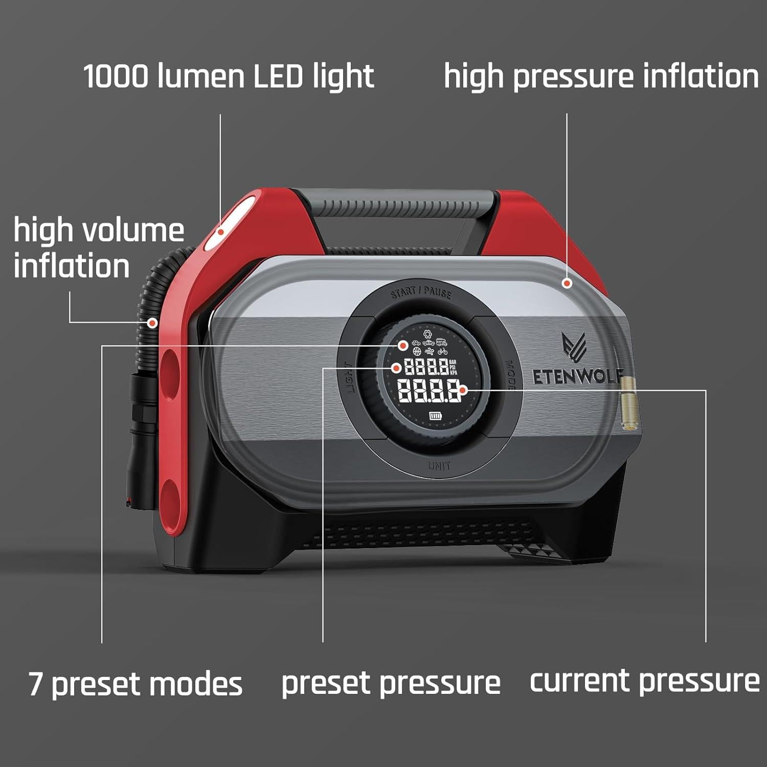 Compresor de Aire Portátil ETENWOLF Vortex S6 19200 mAh Rojo