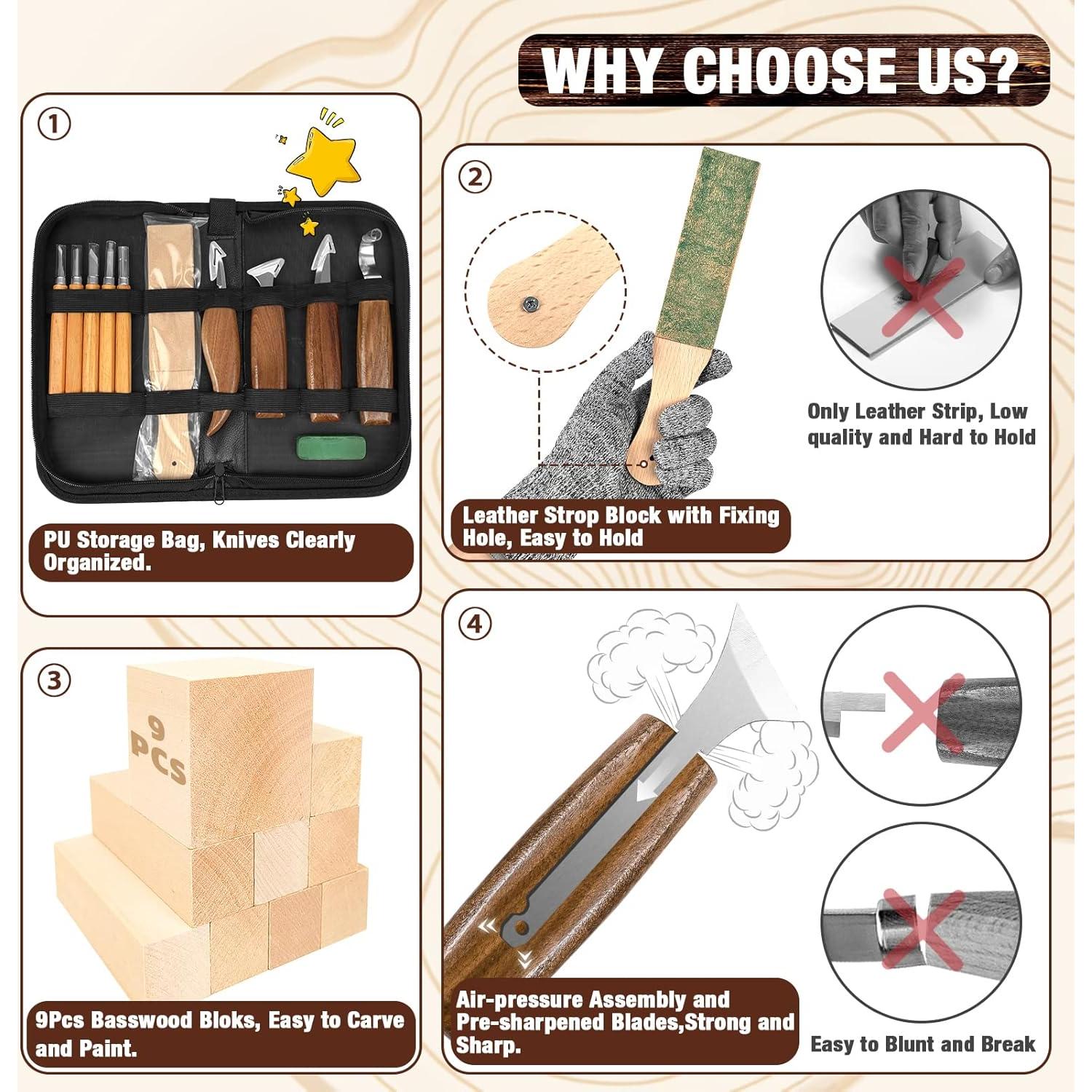 Kit de Tallado en Madera K KERNOWO 23 Piezas con Guantes