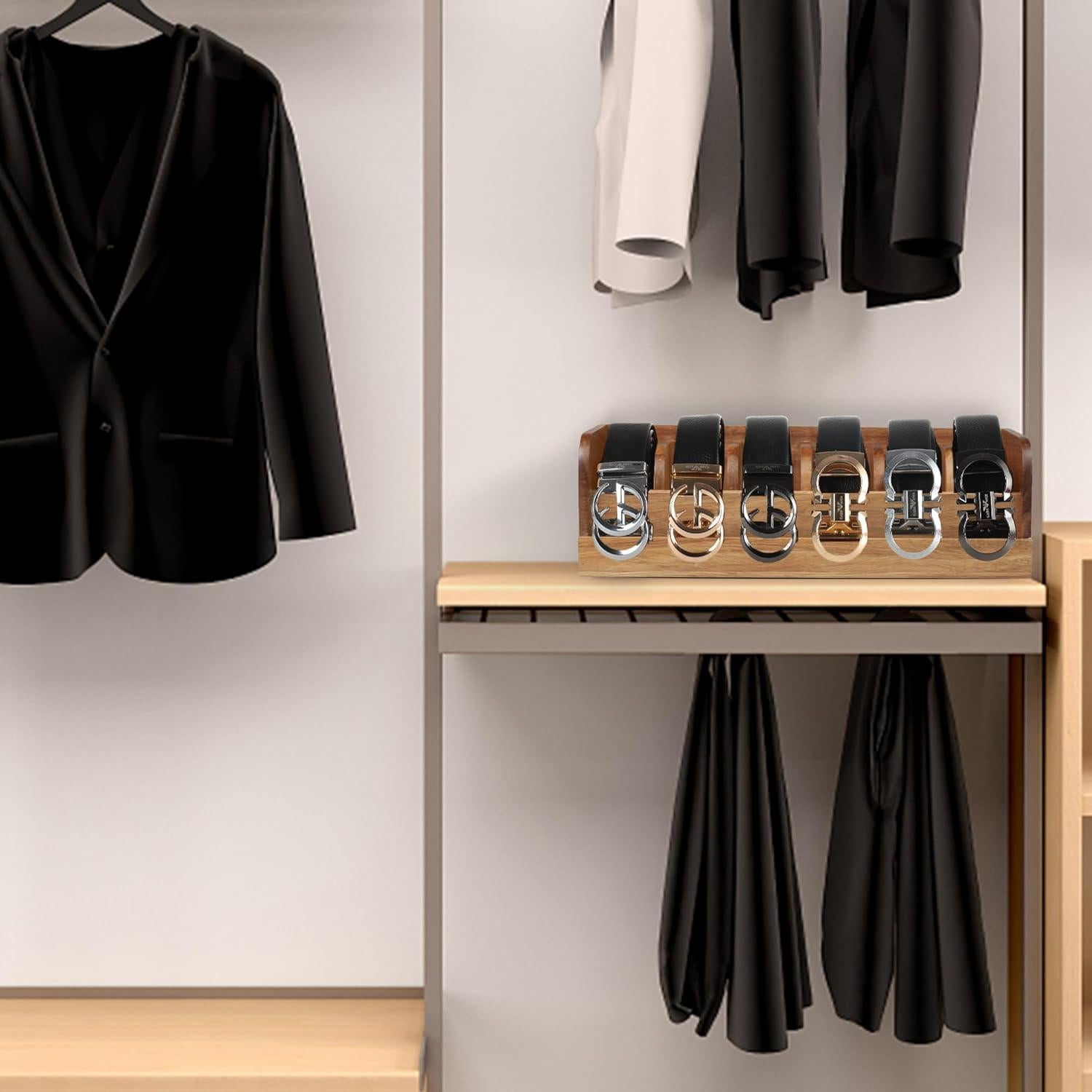 Caja Organizadora de Cinturones MinBoo de Madera de Acacia 6 Compartimentos