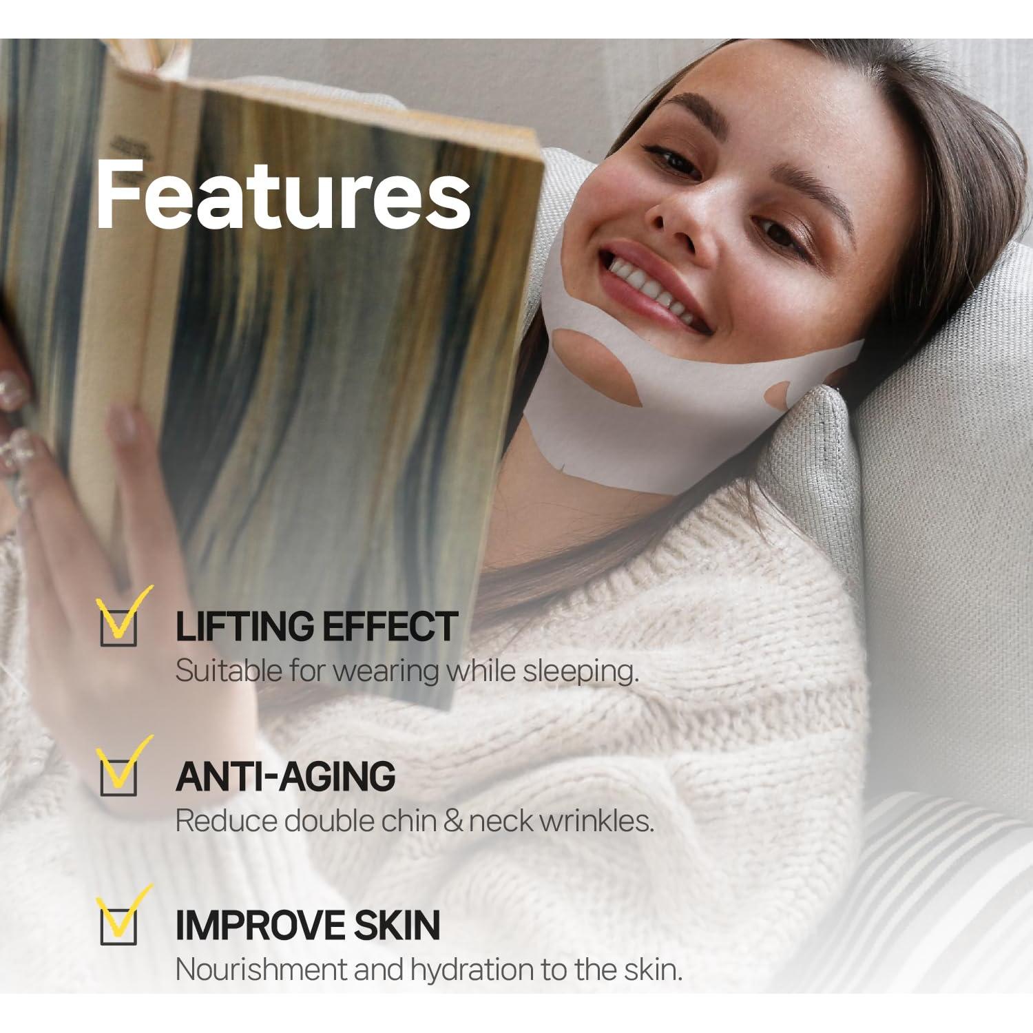 V Line Face Lifting Collagen Sleeping Mask 4ct – Double Chin Reducer & Neck Wrinkle Patches with Hyaluronic Acid & Vitamin E, Chin Strap Care, Neck Lift Tape Overnight