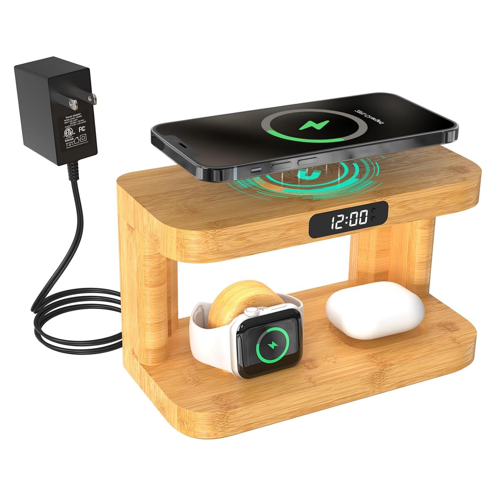 Estación de Carga Inalámbrica 5 en 1 de Bambú con Luz y Reloj