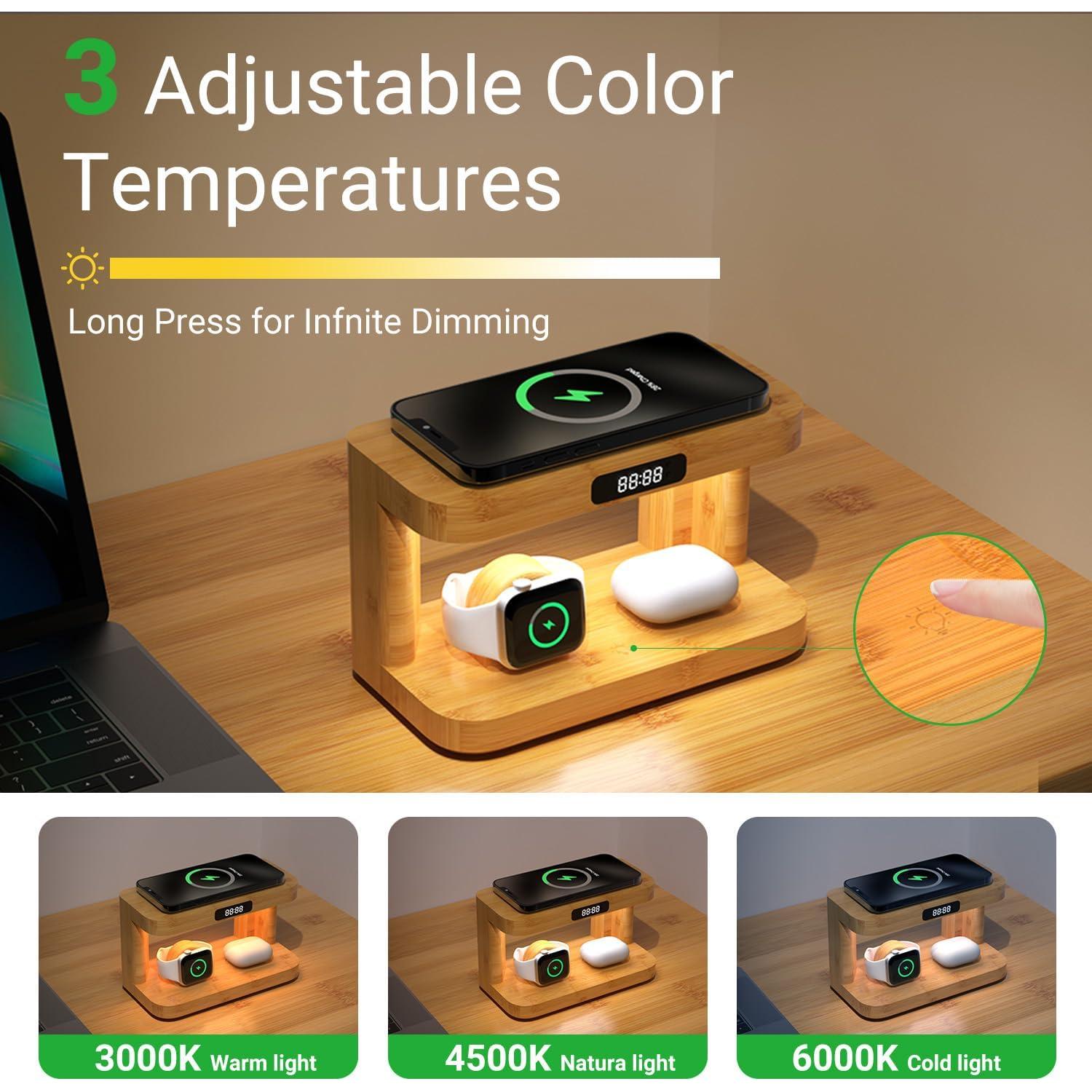 Estación de Carga Inalámbrica 5 en 1 de Bambú con Luz y Reloj