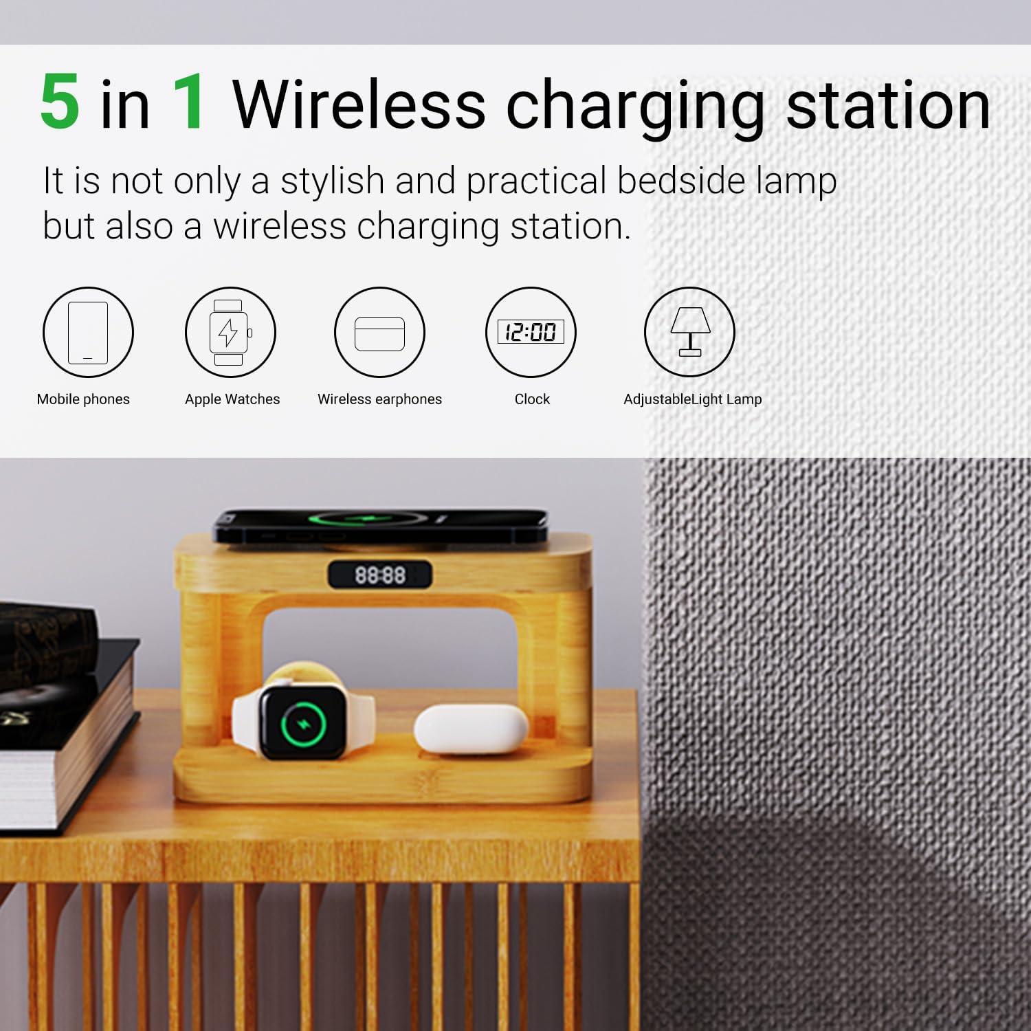Estación de Carga Inalámbrica 5 en 1 de Bambú con Luz y Reloj