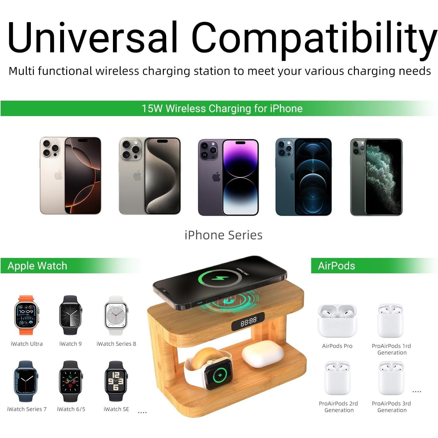 Estación de Carga Inalámbrica 5 en 1 de Bambú con Luz y Reloj