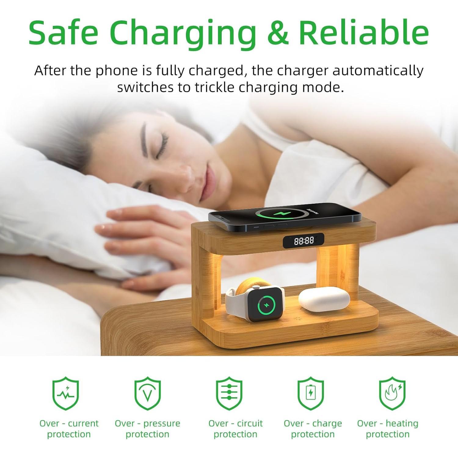 Estación de Carga Inalámbrica 5 en 1 de Bambú con Luz y Reloj