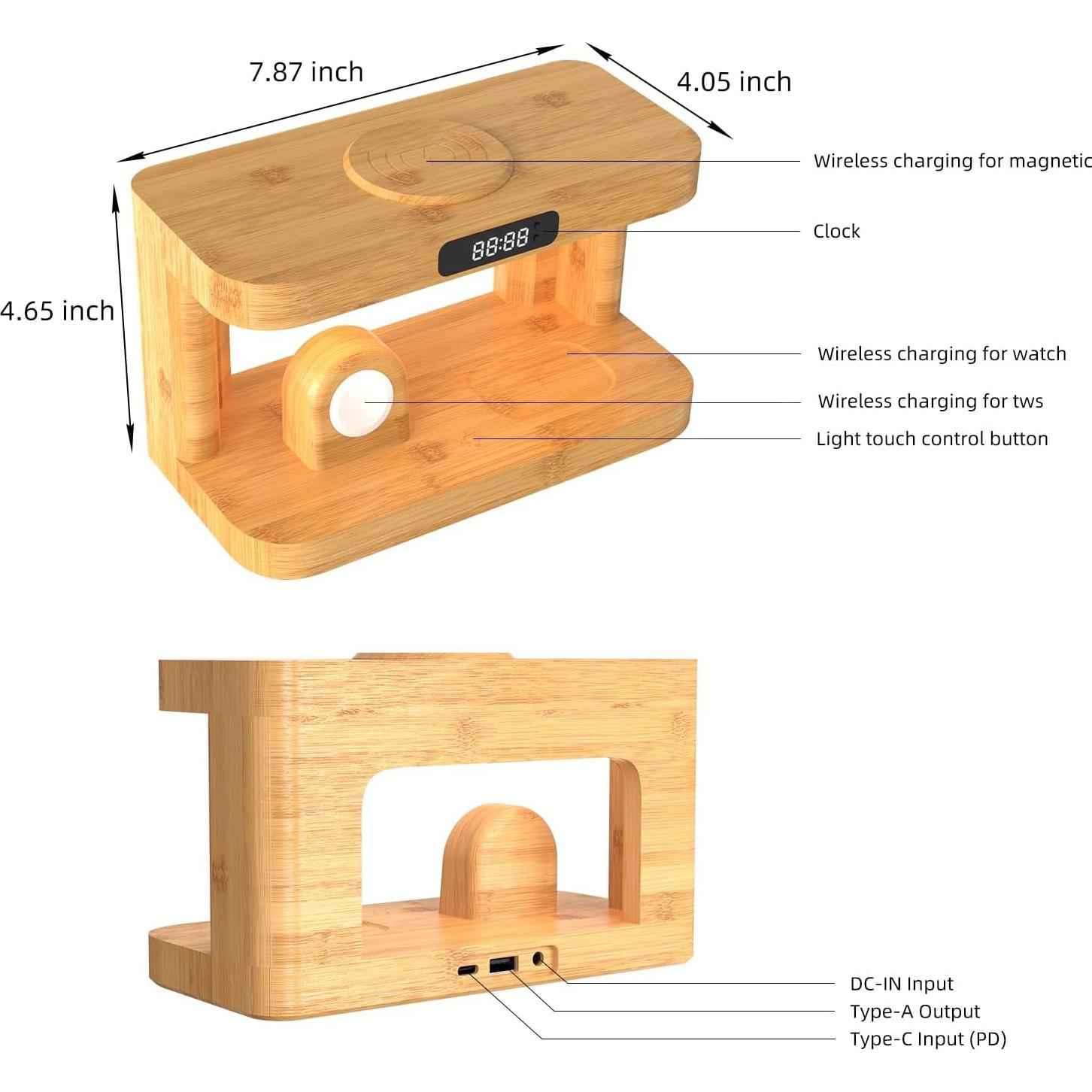 Estación de Carga Inalámbrica 5 en 1 de Bambú con Luz y Reloj