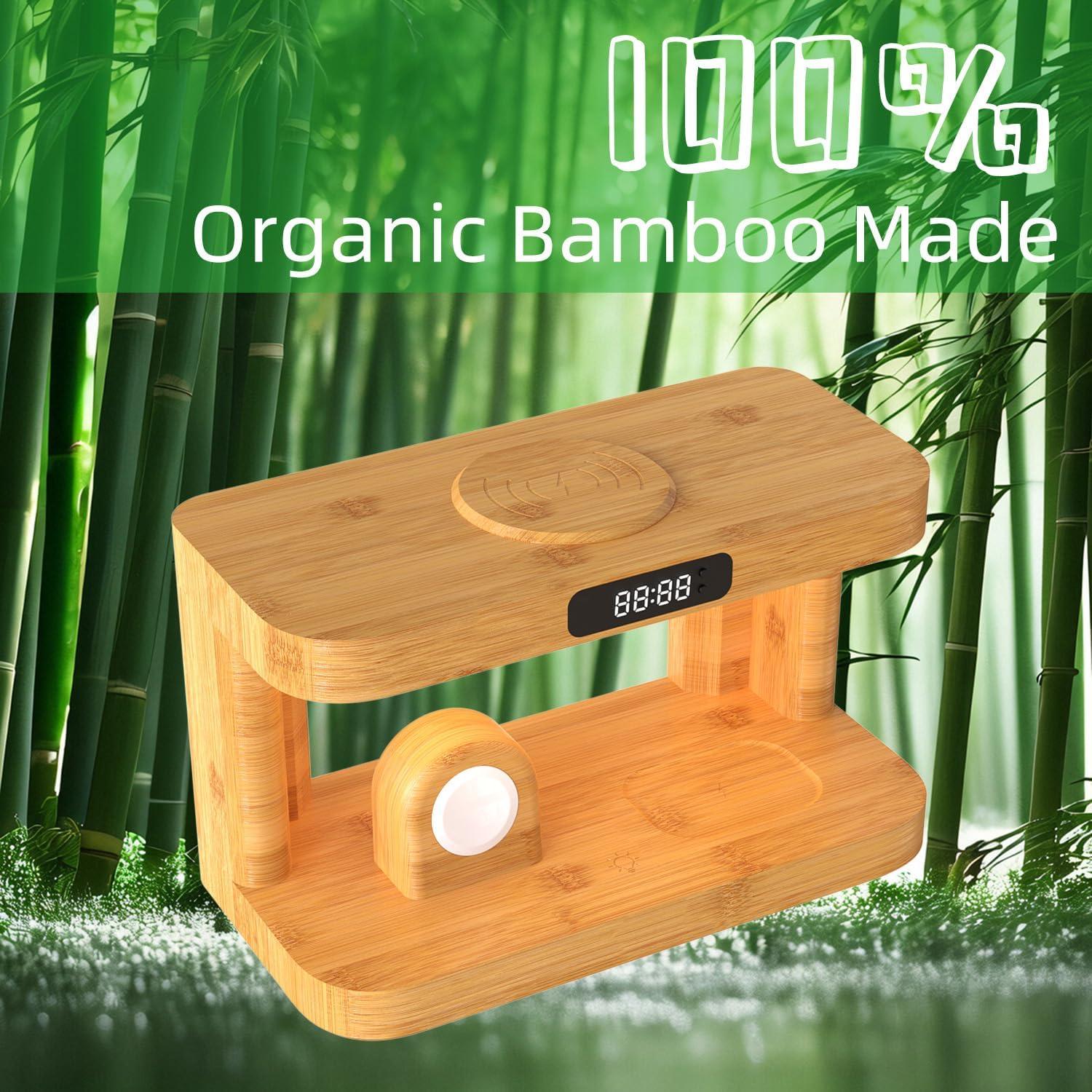 Estación de Carga Inalámbrica 5 en 1 de Bambú con Luz y Reloj